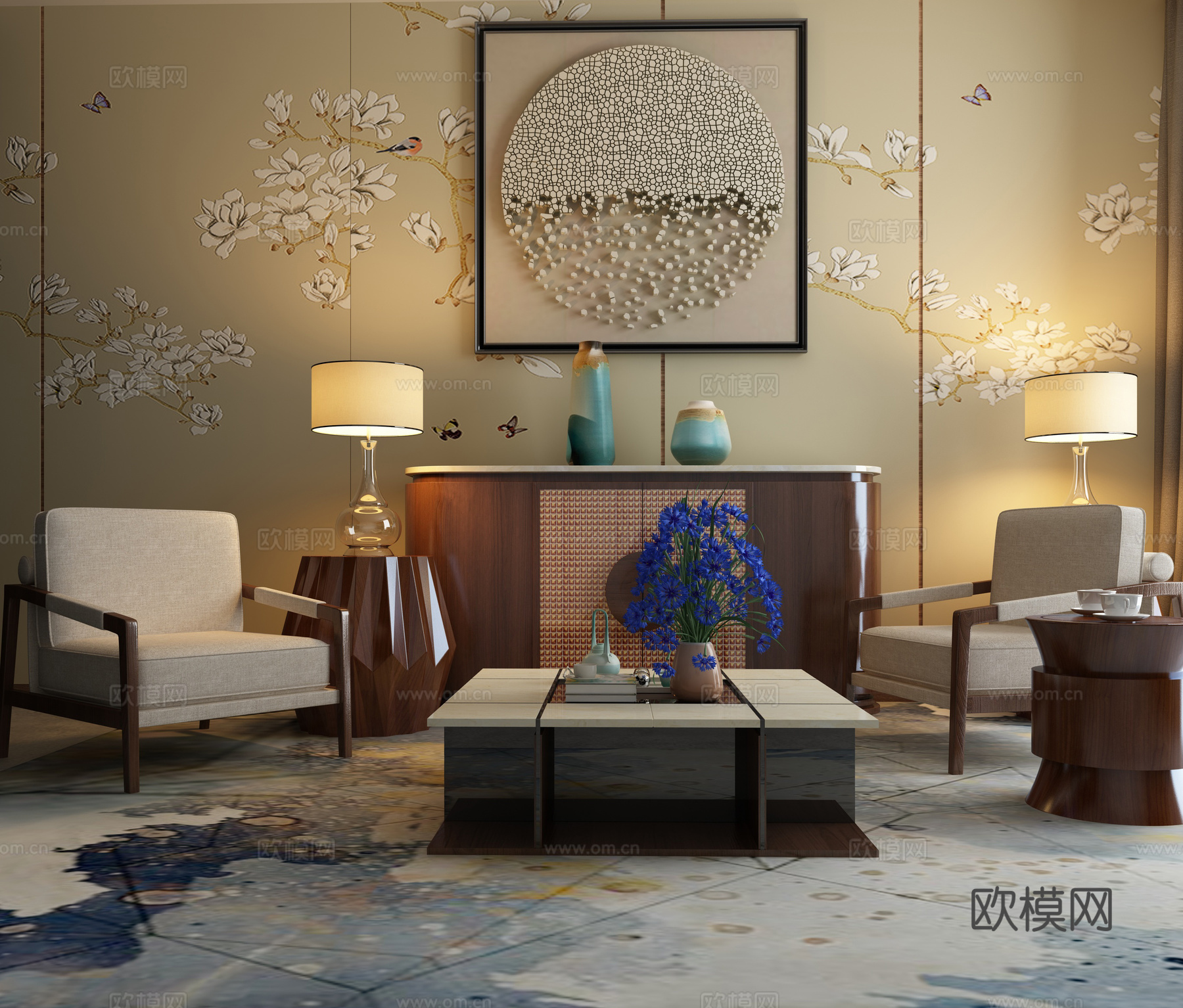 新中式沙发茶几组合3d模型下载（渲染图2）