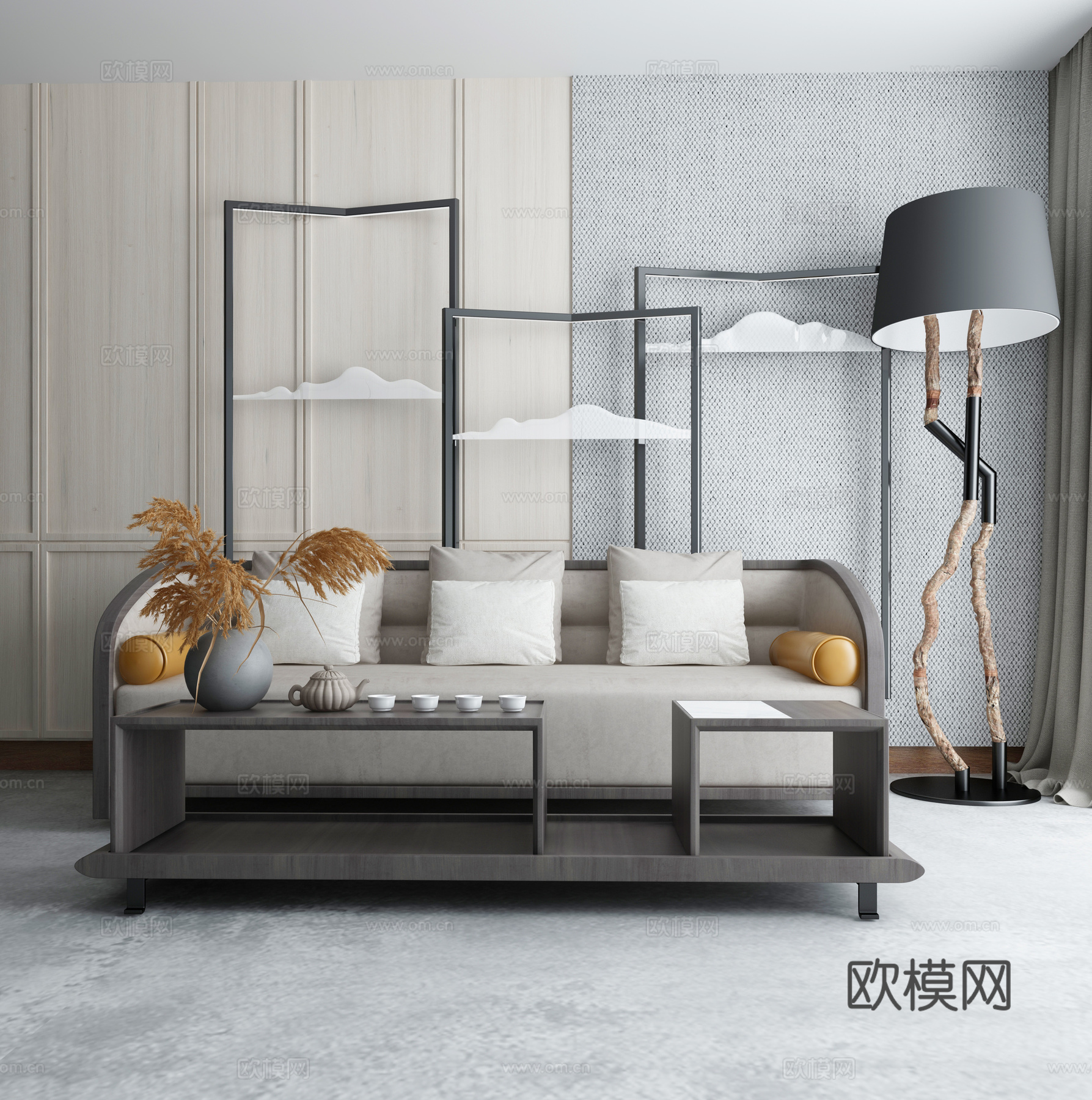 新中式沙发茶几组合3d模型下载（渲染图2）