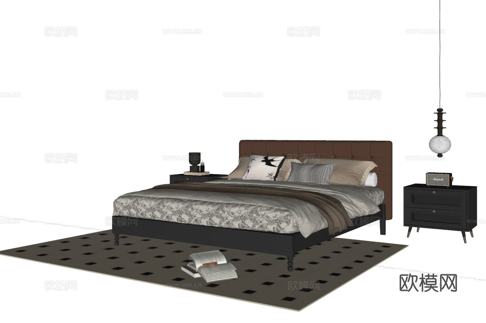 法式双人床 实木双人床 床头柜 吊灯 地毯su模型