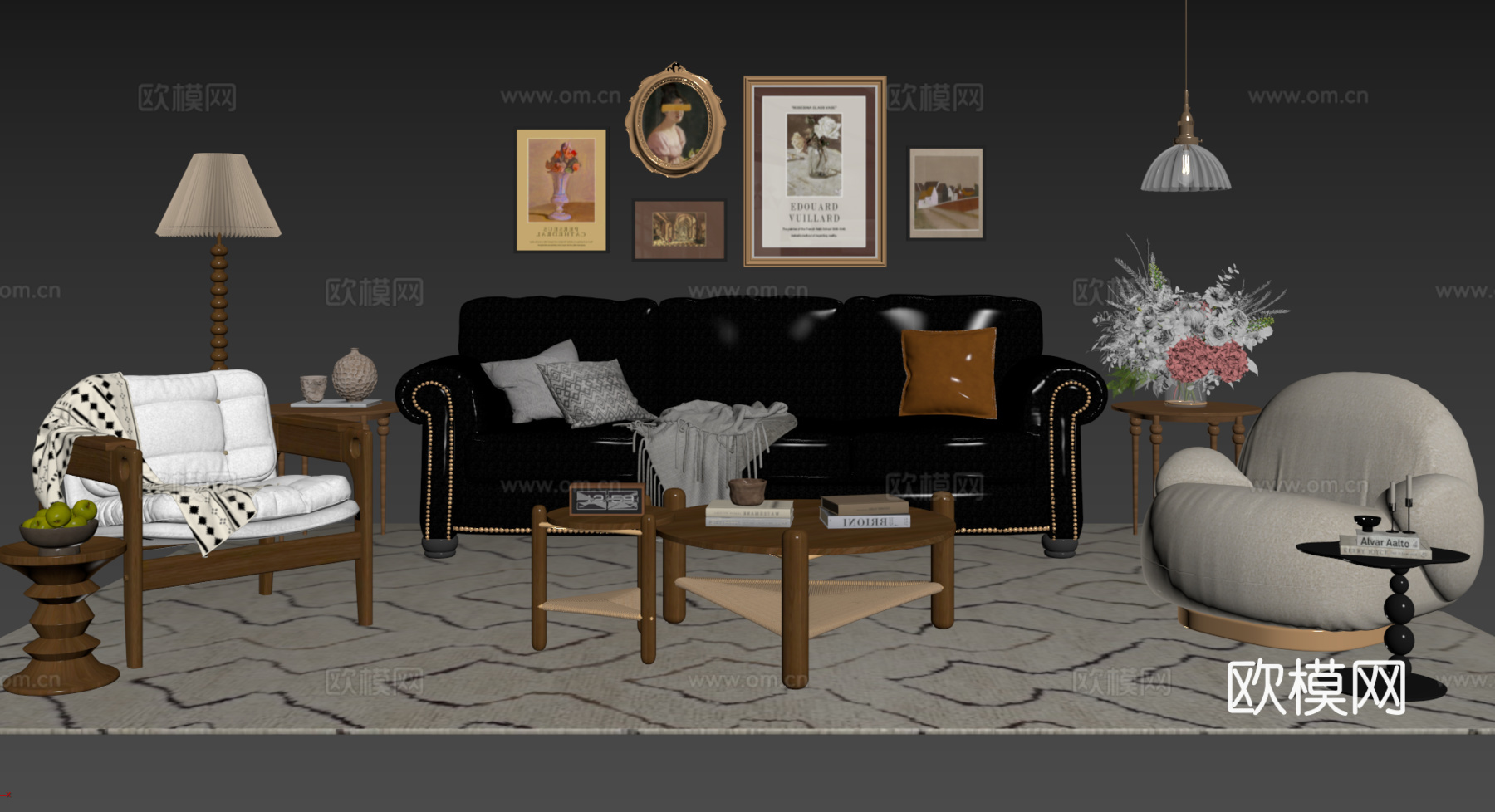 法式复古沙发组合 单人沙发 休闲椅 茶几 落地灯 装饰画su模型