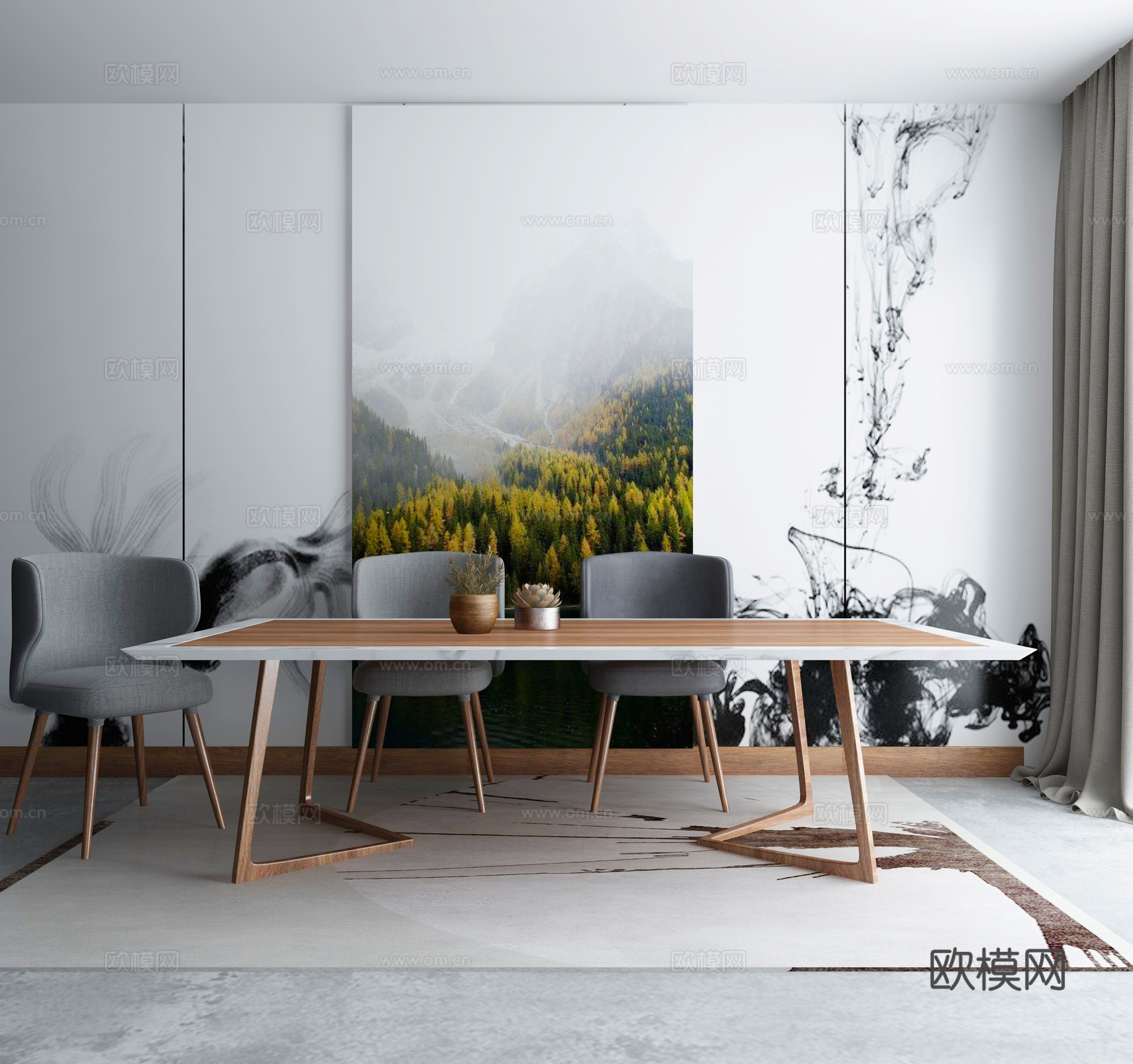 新中式餐桌椅3d模型下载（渲染图1）