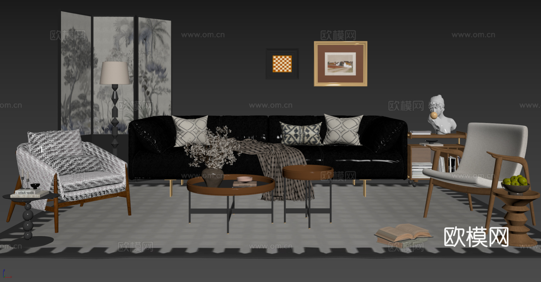法式复古沙发组合 单人沙发 休闲椅 茶几 落地灯 装饰画su模型