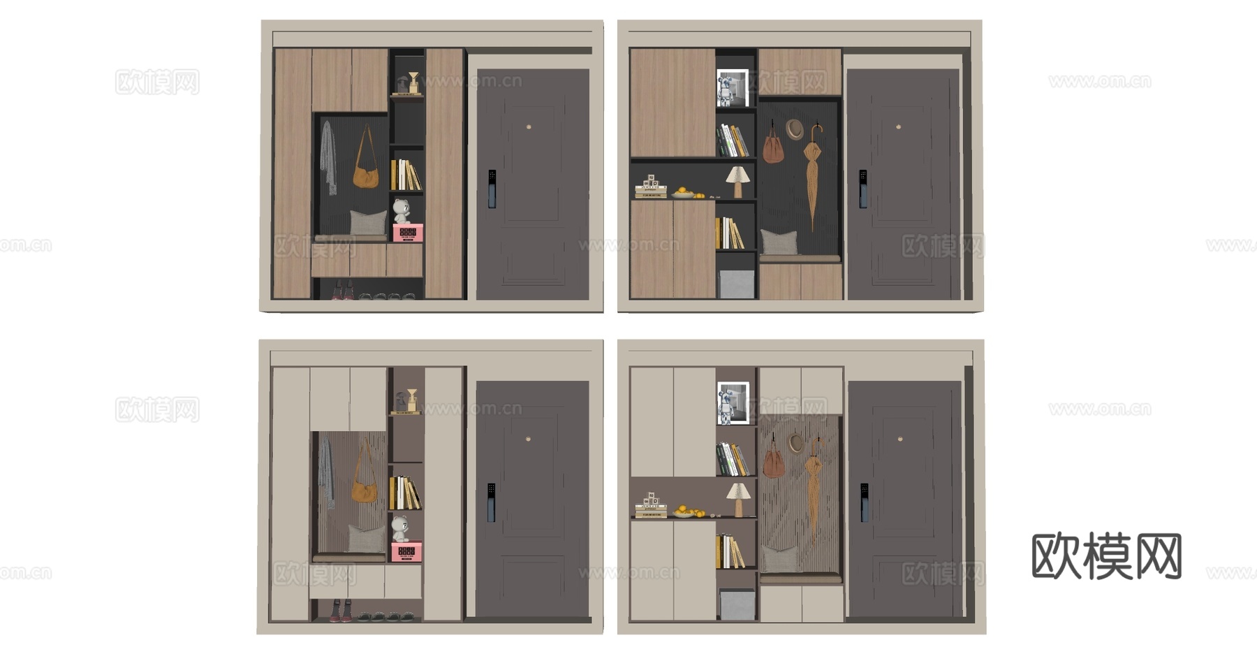 现代多功能玄关柜 带换鞋凳 到顶高柜 开放式书架 收纳su模型