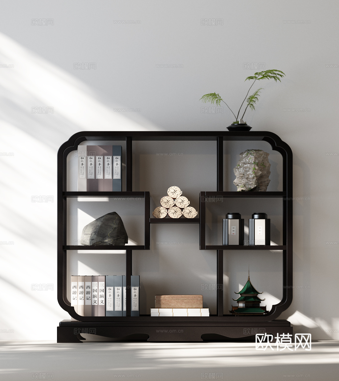 新中式博古架 宋氏博古架 宋氏边柜 新中式边柜 植物 书籍3d模型