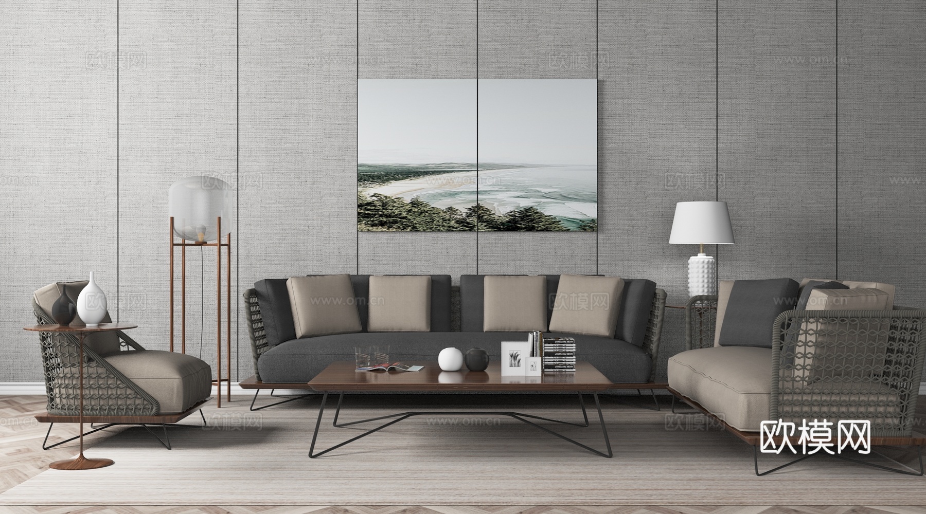 北欧沙发茶几台灯挂画组合3d模型下载（渲染图2）