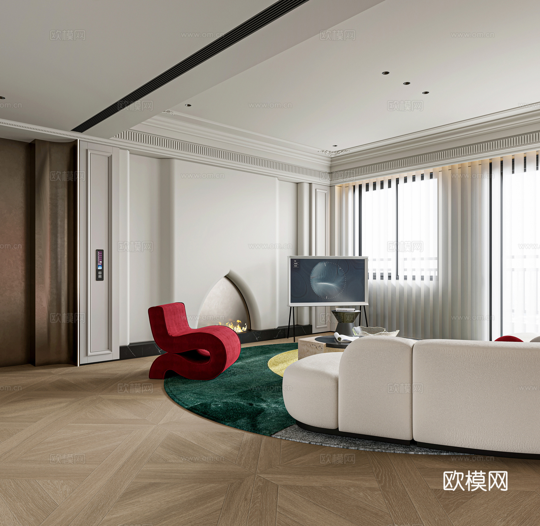 法式奶油风客餐厅 大平层 简欧客餐厅3d模型下载（渲染图3）