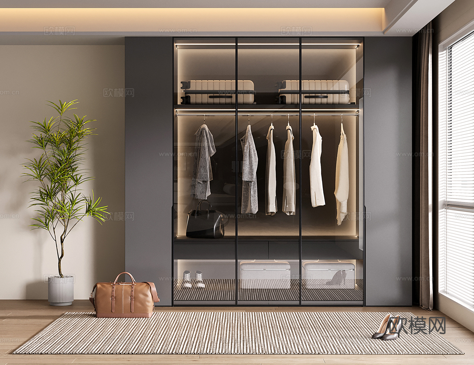 意式衣柜 现代定制衣柜 玻璃衣柜su模型
