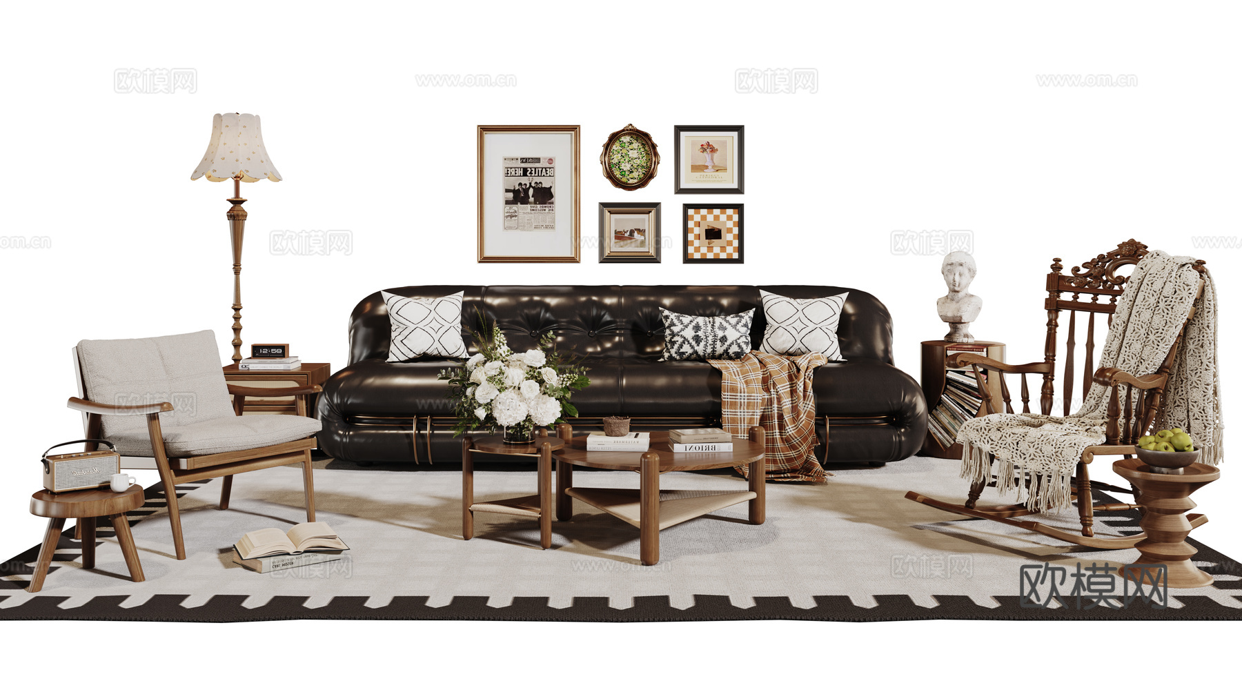 法式复古沙发组合 单人沙发 休闲椅 茶几 落地灯 装饰画su模型