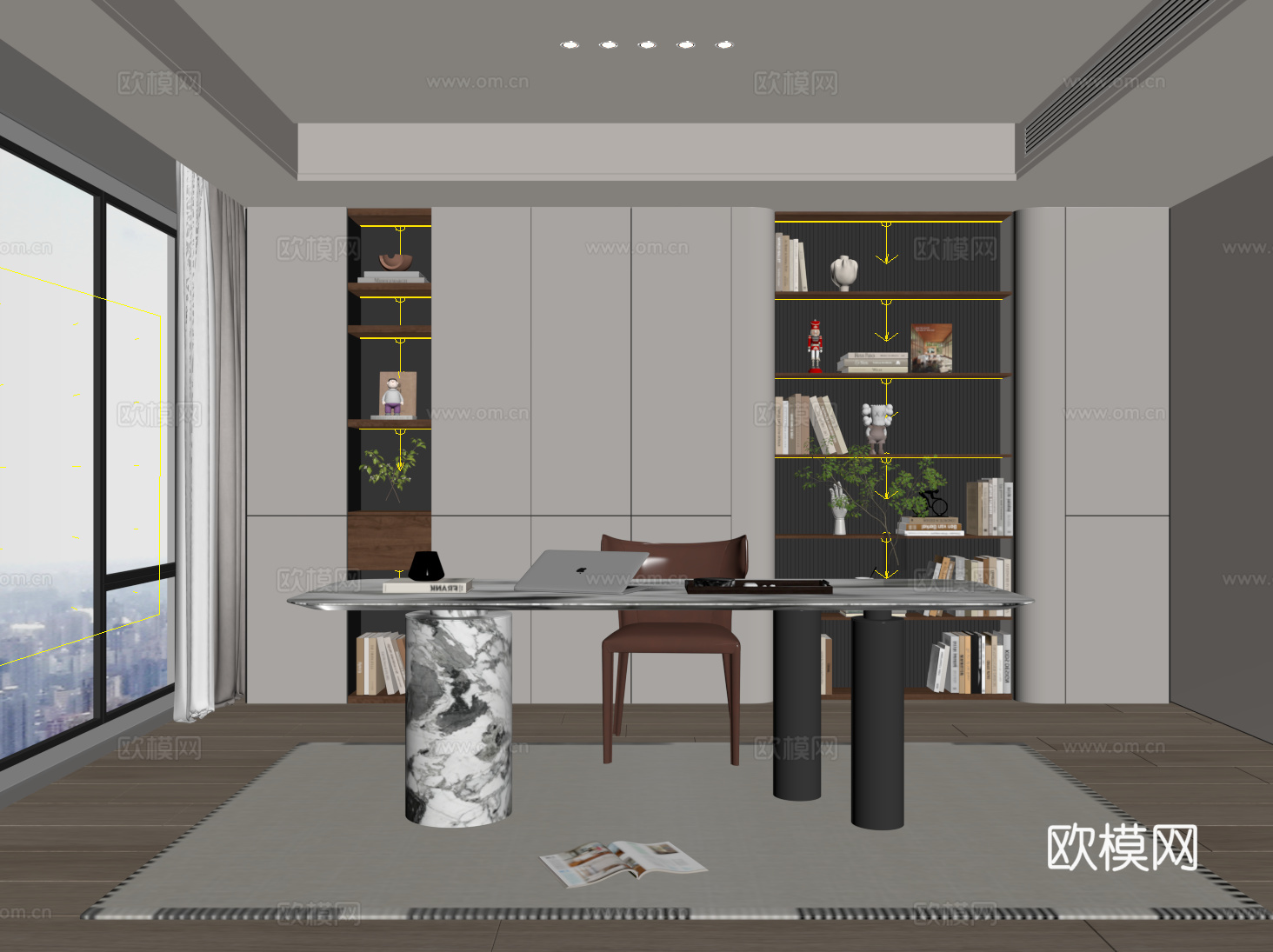 现代书房 书柜 书桌椅su模型下载（渲染图2）