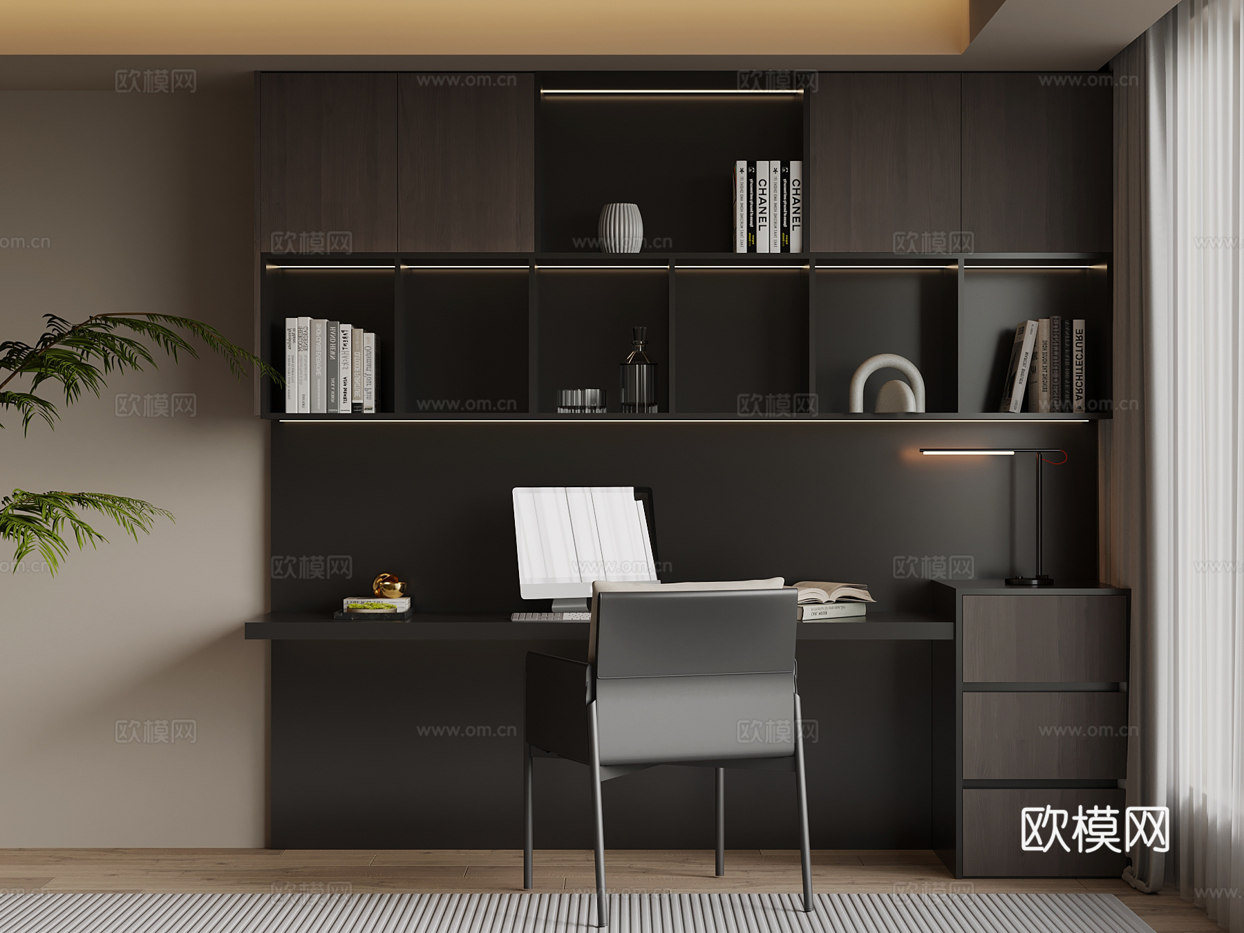 现代书柜 书桌椅su模型