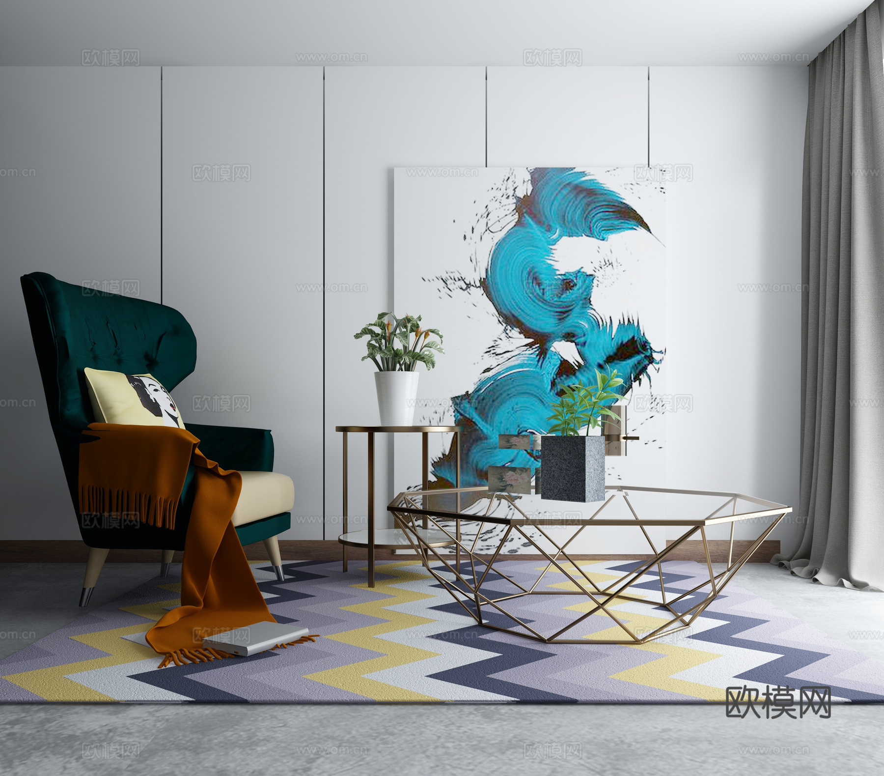 现代沙发茶几组合3d模型下载（渲染图1）