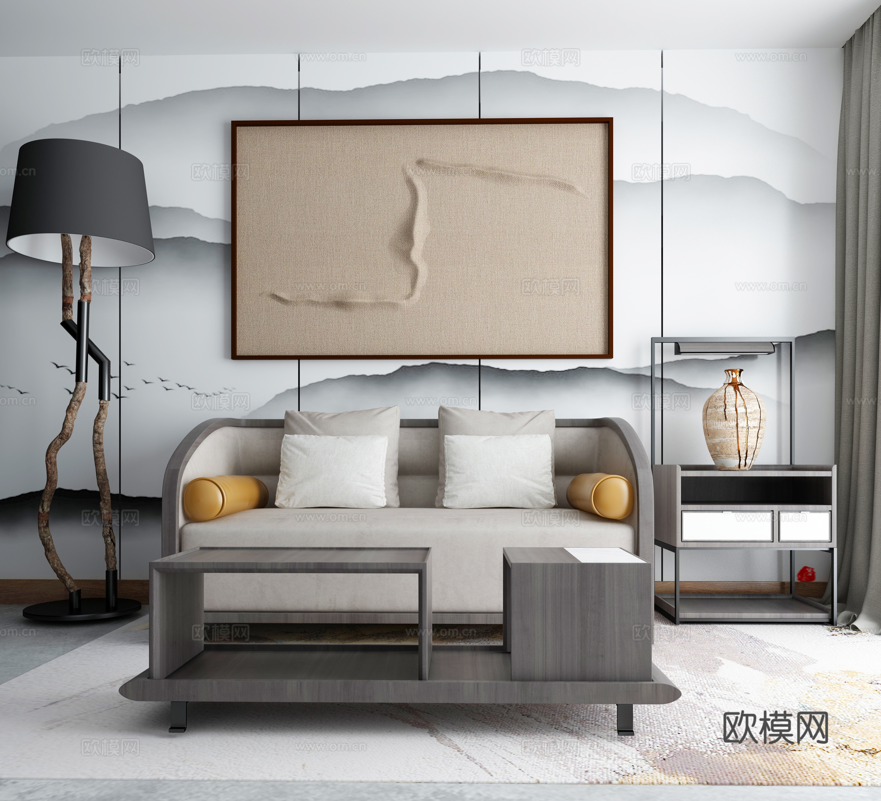 新中式沙发茶几组合3d模型下载（渲染图2）