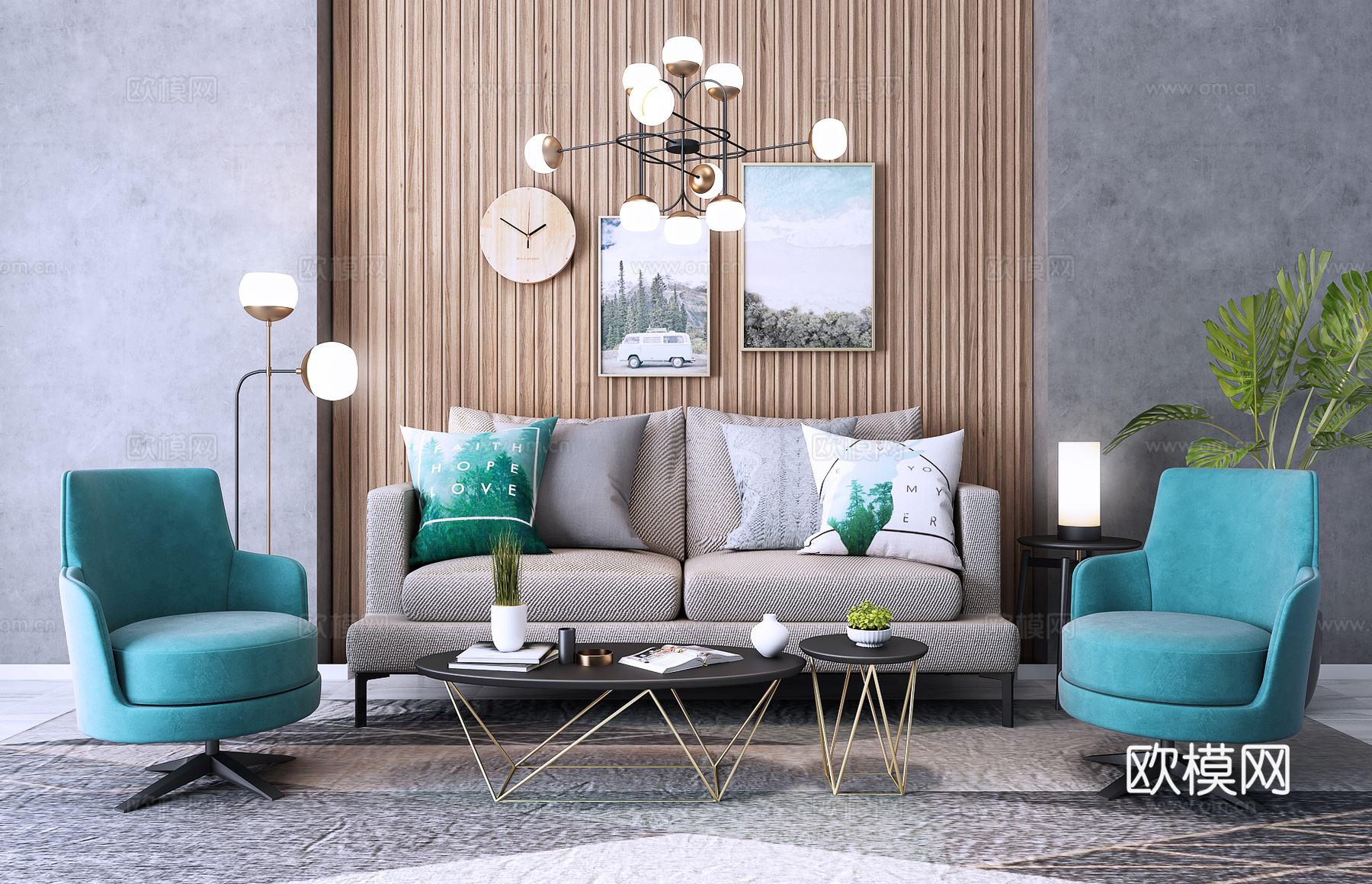 现代沙发 茶几 休闲椅 装饰画 灯具 软装饰品组合3d模型下载（渲染图2）