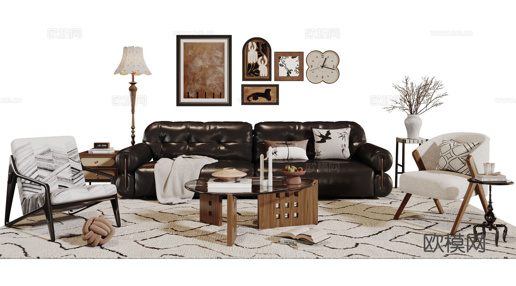 法式复古沙发组合 单人沙发 休闲椅 茶几 落地灯 装饰画su模型