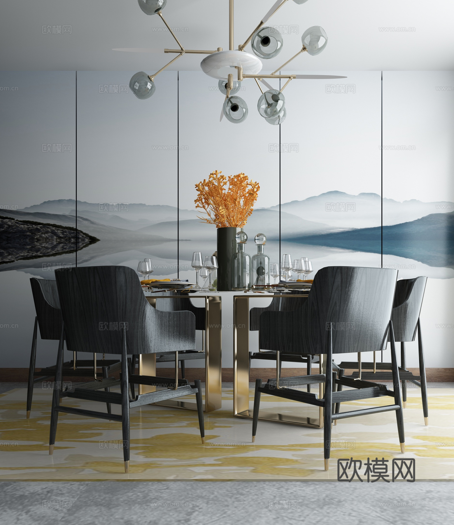 新中式餐桌椅 吊灯组合3d模型下载（渲染图2）