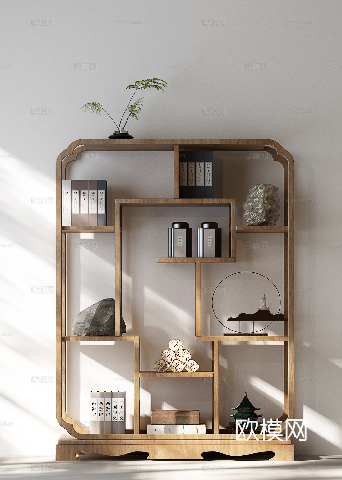 新中式博古架 宋氏博古架 宋氏边柜 新中式边柜 植物 书籍3d模型