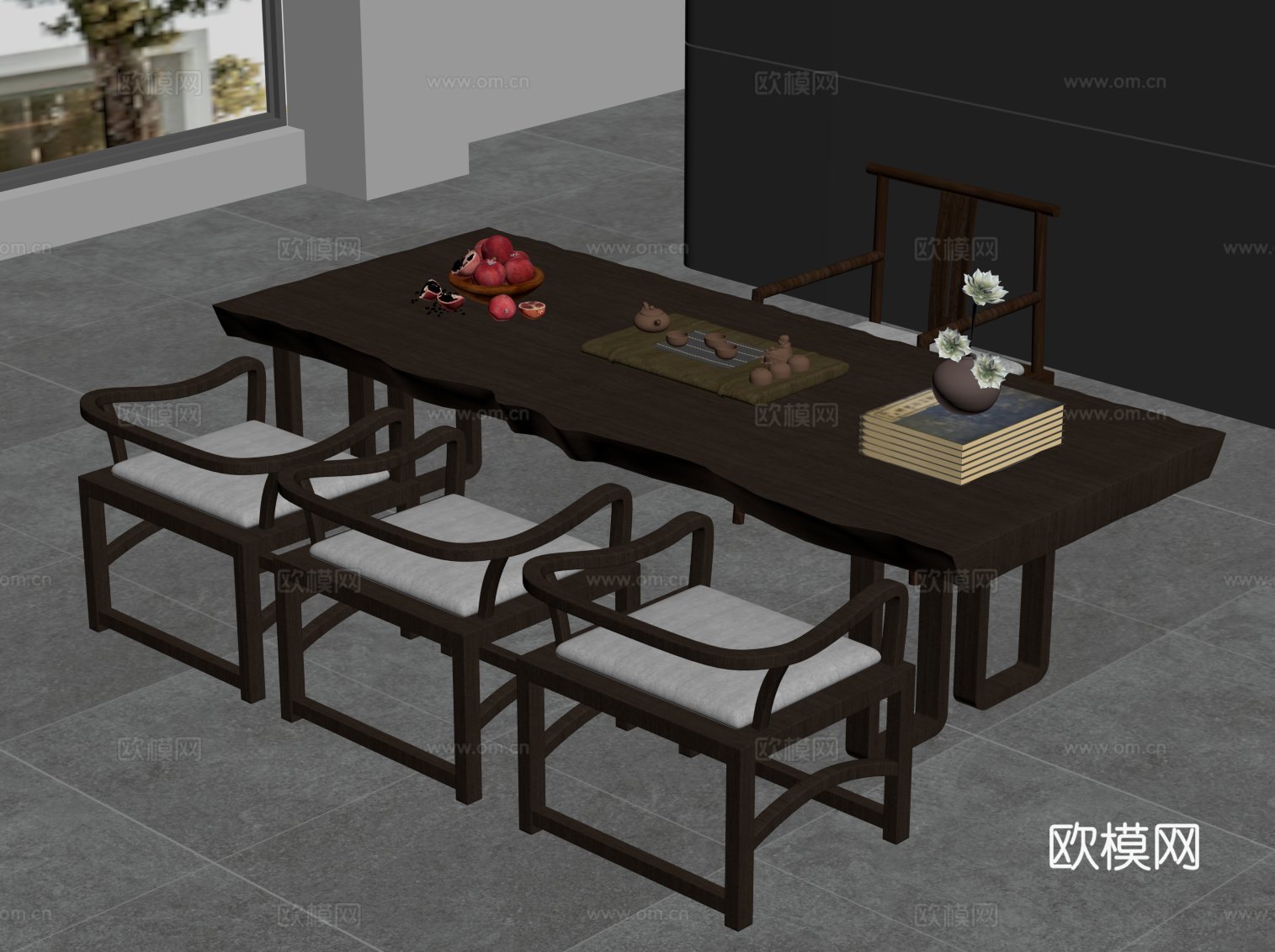 新中式茶桌椅 实木茶桌su模型