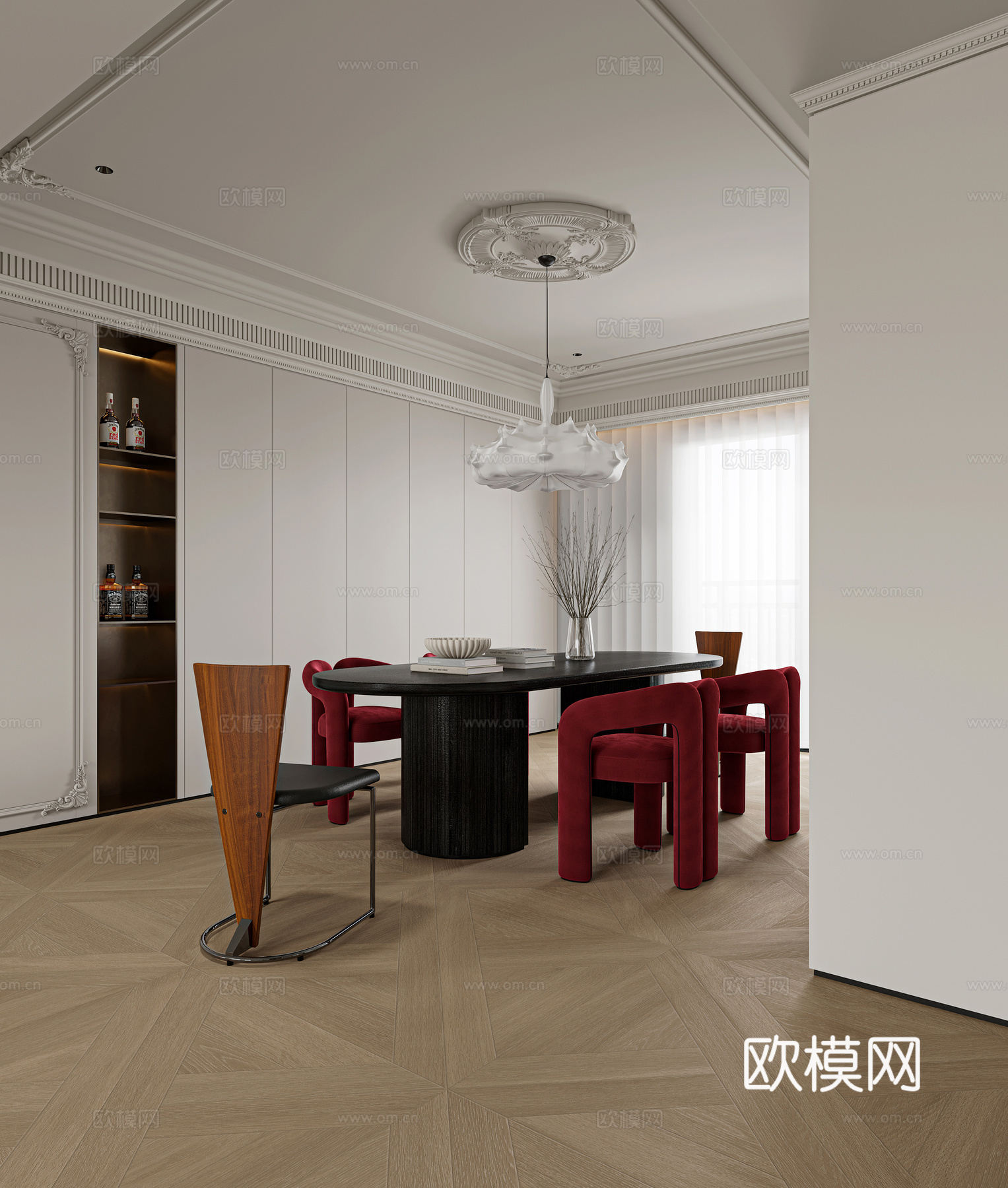 法式奶油风客餐厅 大平层 简欧客餐厅3d模型下载（渲染图4）