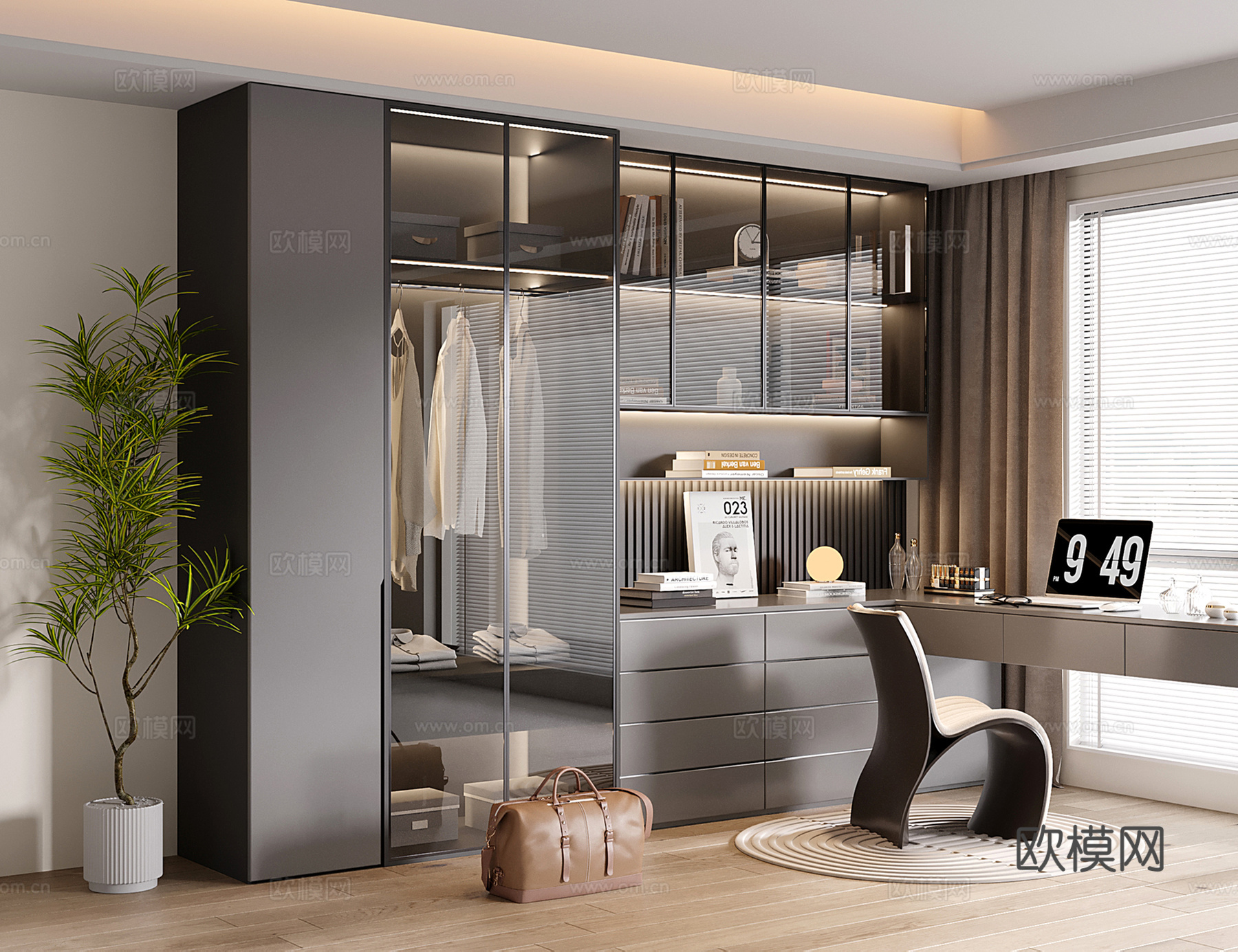 现代书柜书桌一体 衣柜su模型