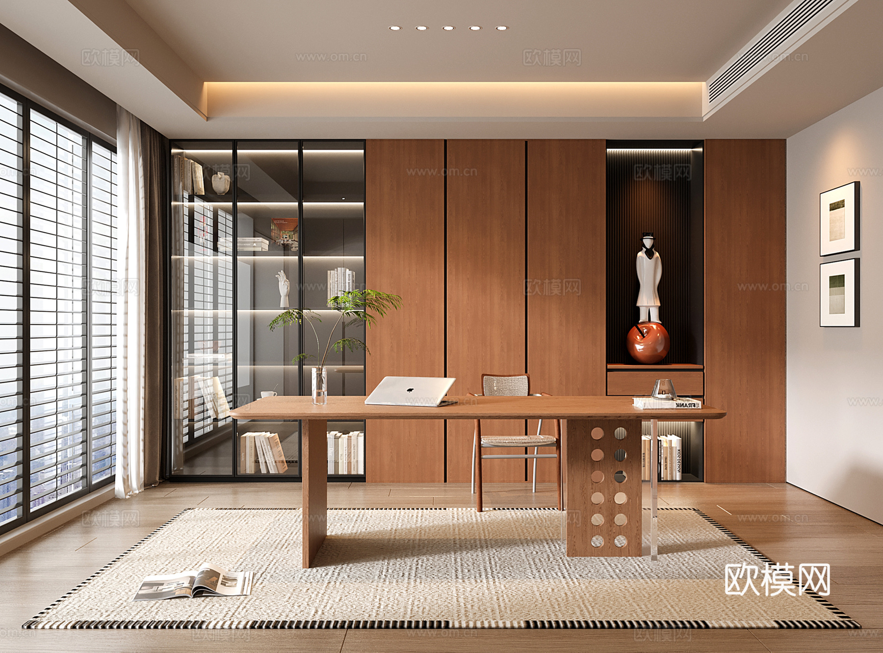 现代中古书房 书柜 书桌椅 雕塑su模型