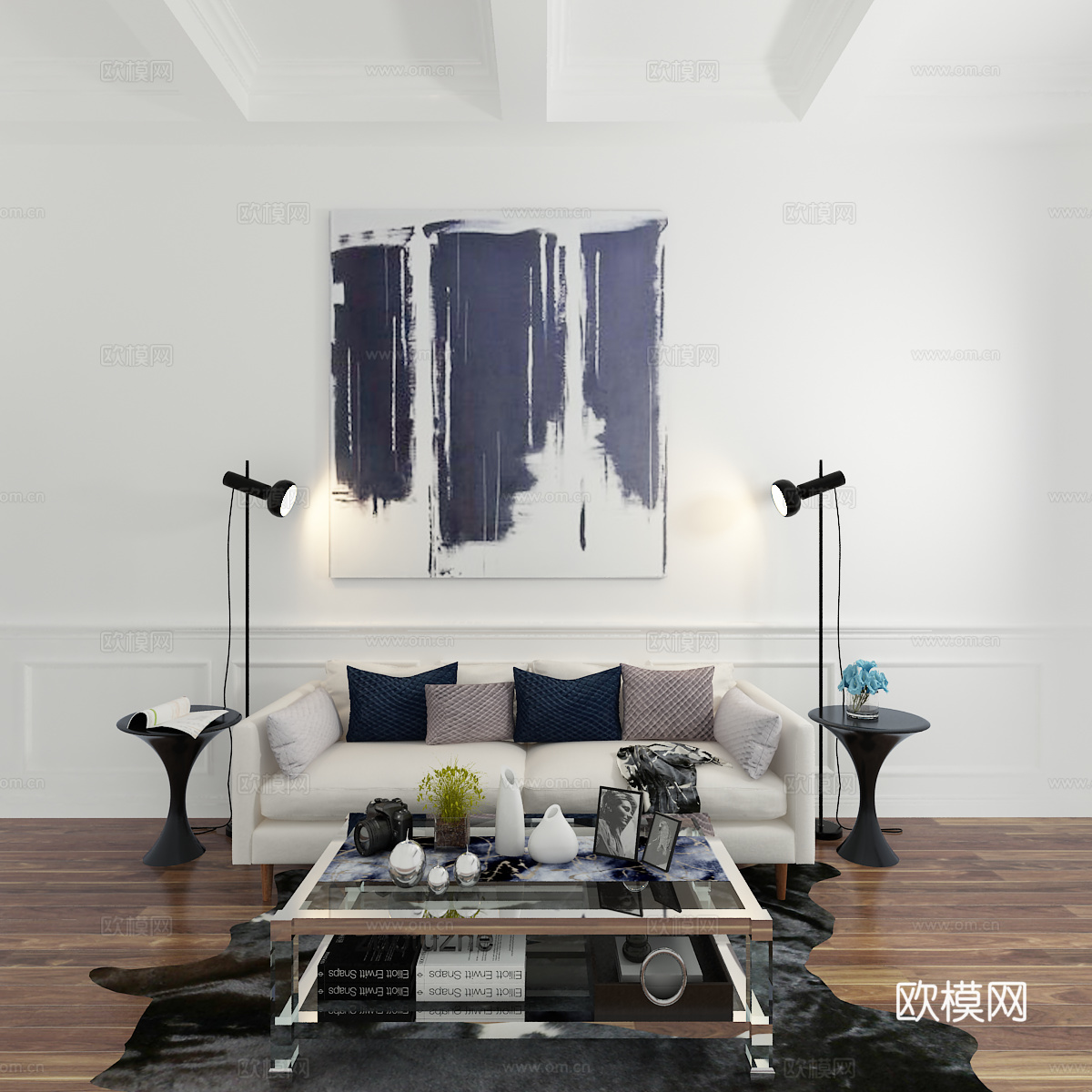 现代沙发 茶几 装饰画3d模型下载（渲染图2）