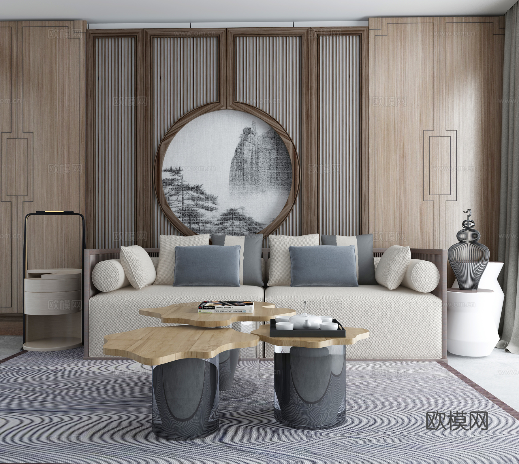 新中式沙发茶几组合3d模型下载（渲染图1）