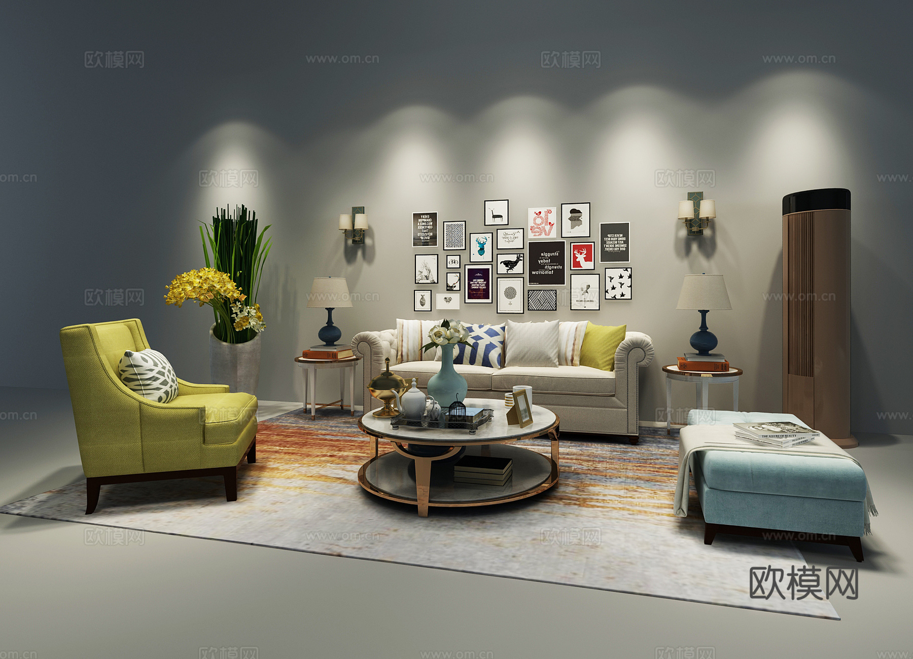 欧式简约沙发茶几装饰画3d模型下载（渲染图2）