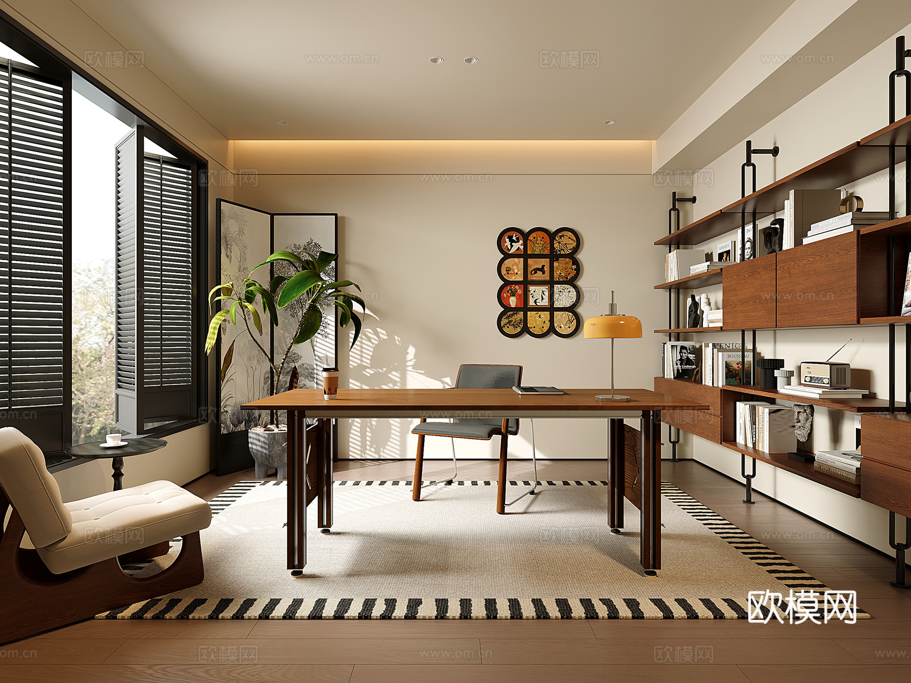 中古现代书房 书柜 装饰置物架 书桌椅 休闲沙发su模型
