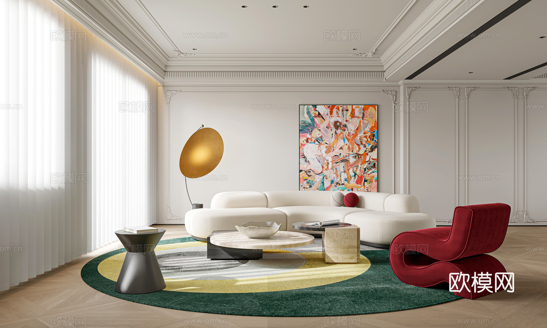 法式奶油风客餐厅 大平层 简欧客餐厅3d模型下载（渲染图1）