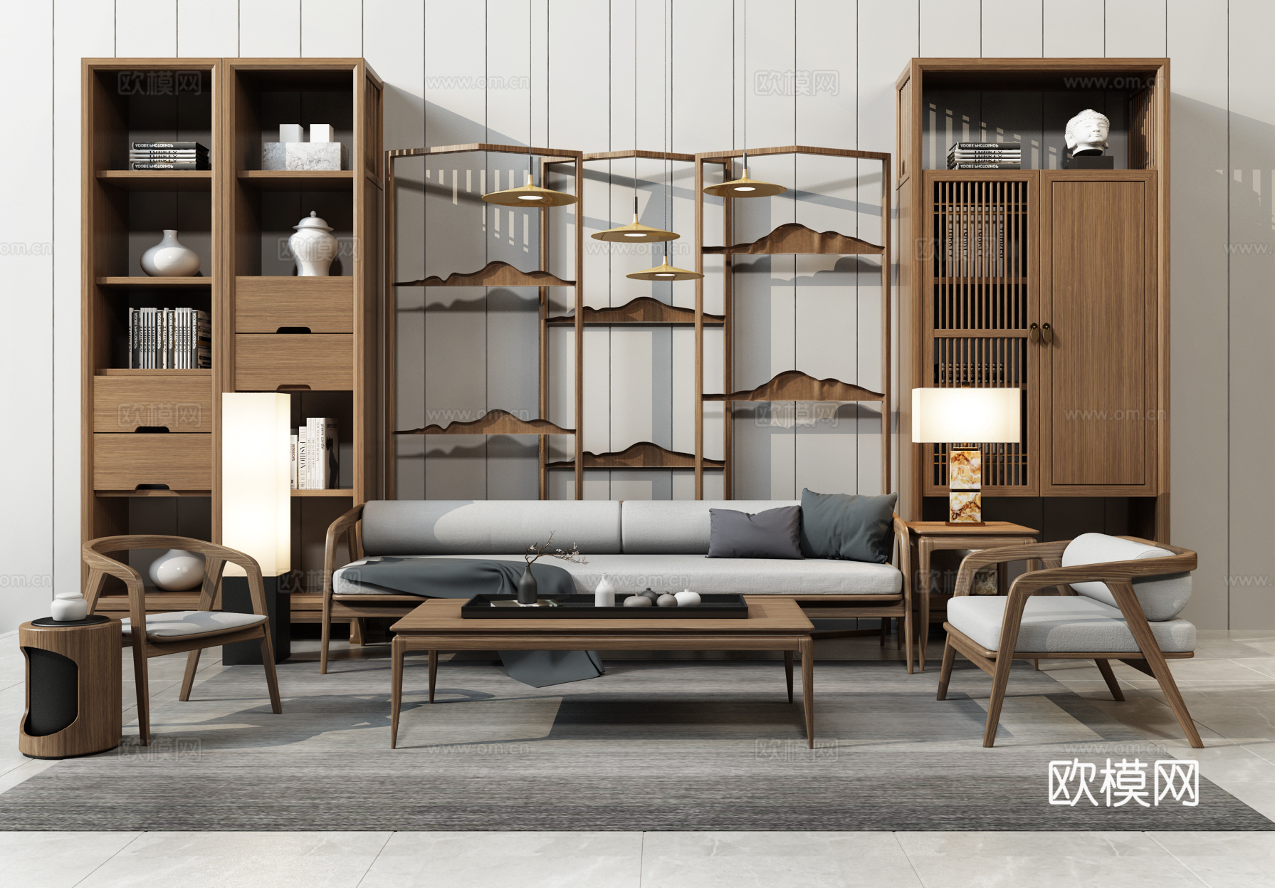 新中式沙发茶几书柜屏风3d模型下载（渲染图2）