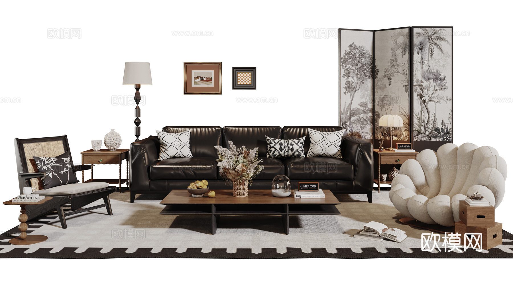 法式复古沙发组合 单人沙发 休闲椅 茶几 落地灯 装饰画su模型