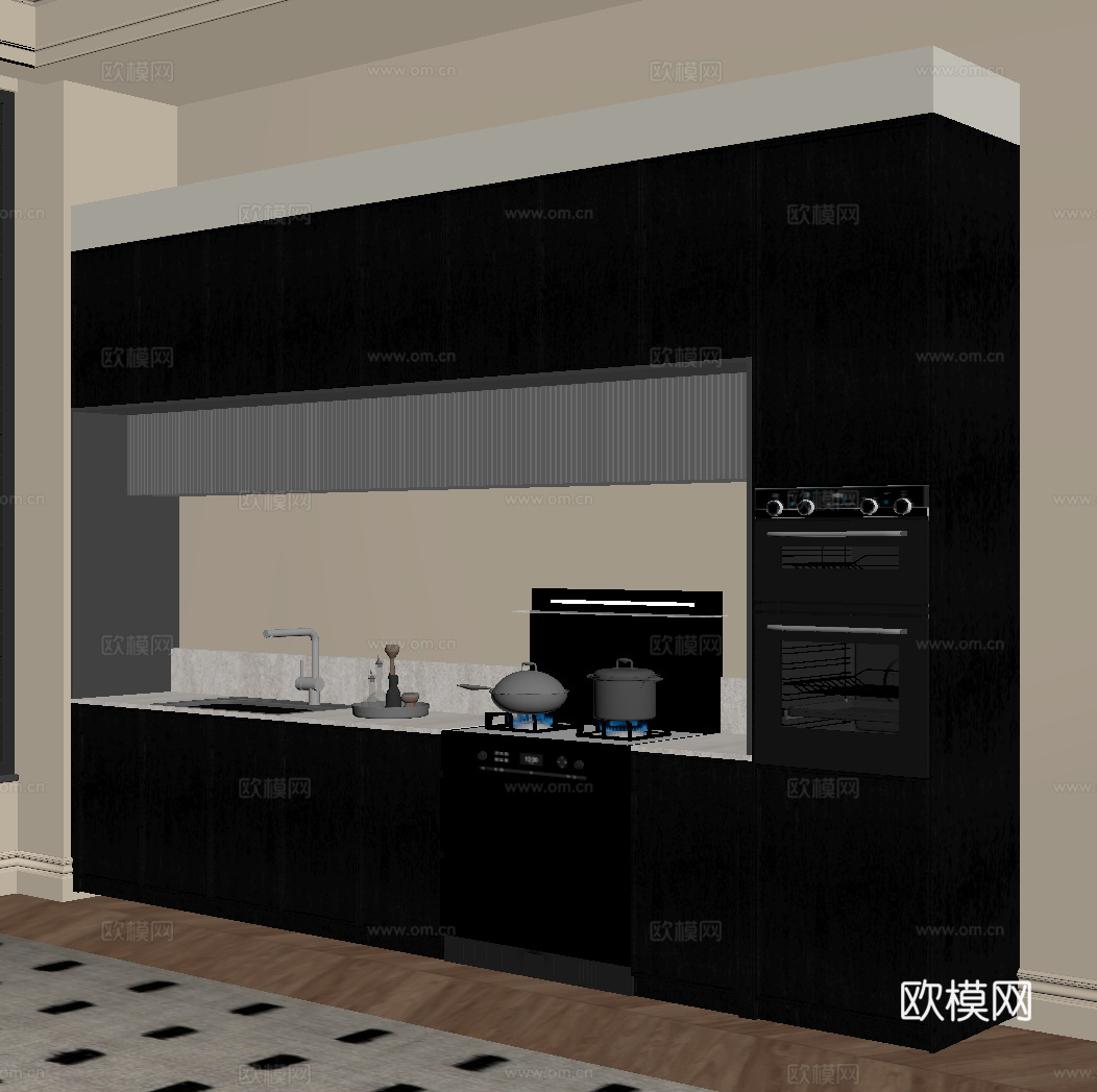 中古风厨房柜su模型