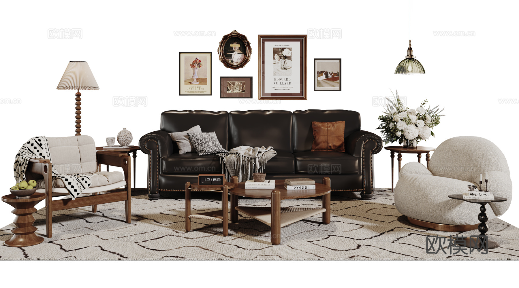 法式复古沙发组合 单人沙发 休闲椅 茶几 落地灯 装饰画su模型