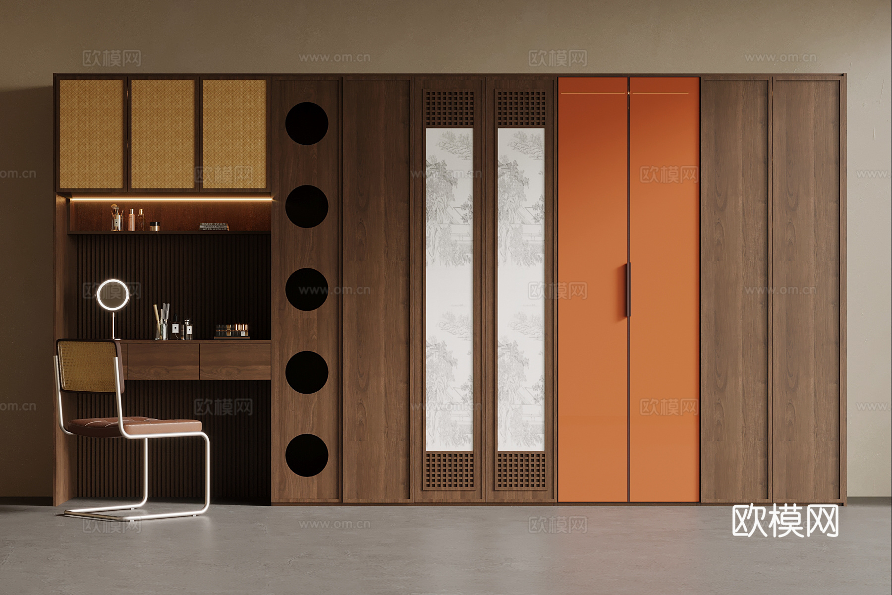 新中式衣柜 宋式风衣柜 梳妆台一体柜su模型