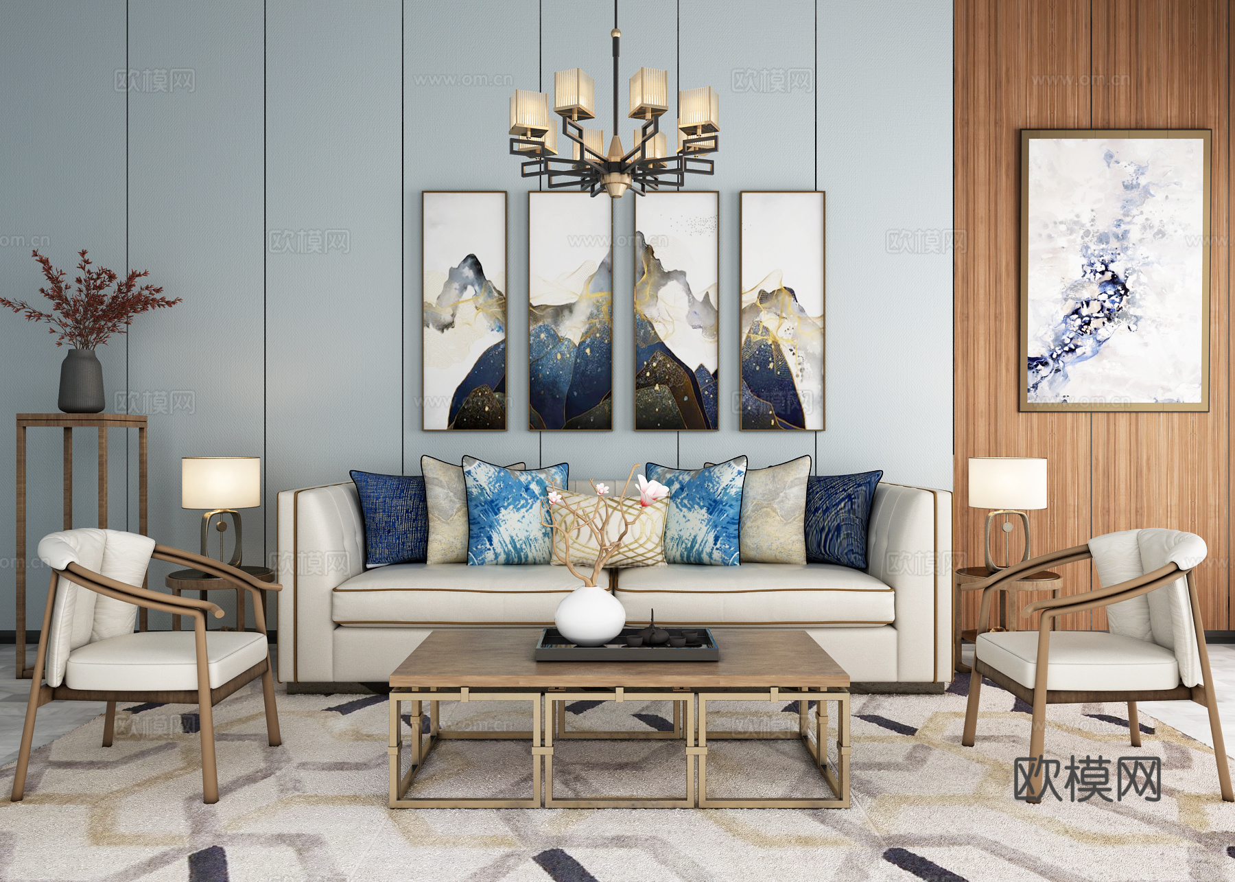 新中式沙发茶几吊灯装饰画地毯组合3d模型下载（渲染图1）