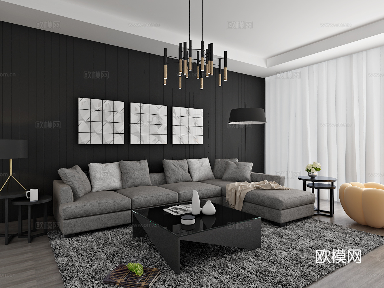北欧沙发 茶几 吊灯 装饰画 台灯3d模型下载（渲染图1）