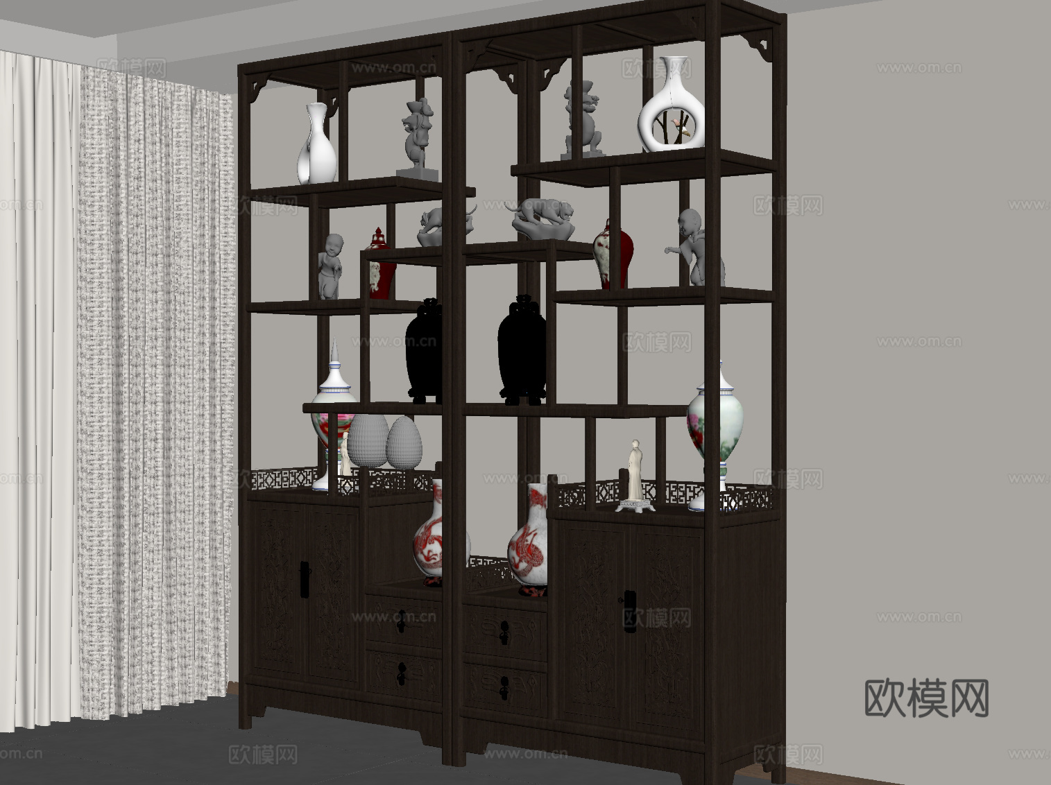 新中式博古架 置物架su模型