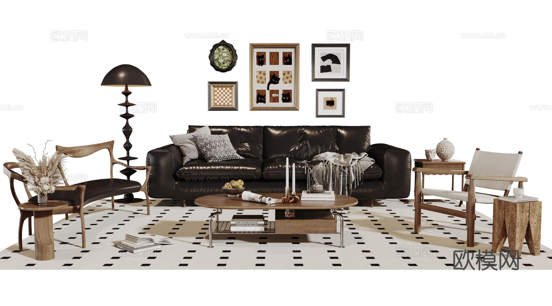 法式复古沙发组合 单人沙发 休闲椅 茶几 落地灯 装饰画su模型