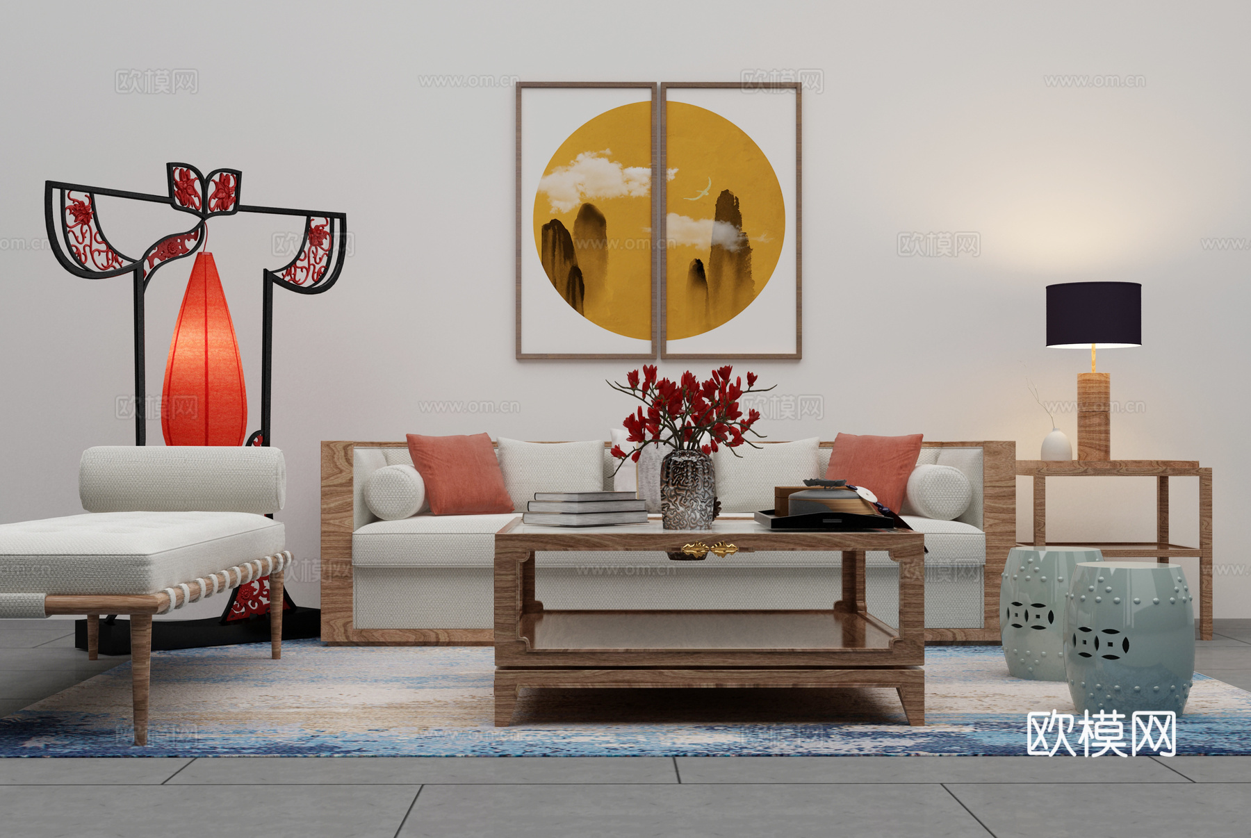 新中式沙发茶几组合3d模型下载（渲染图2）