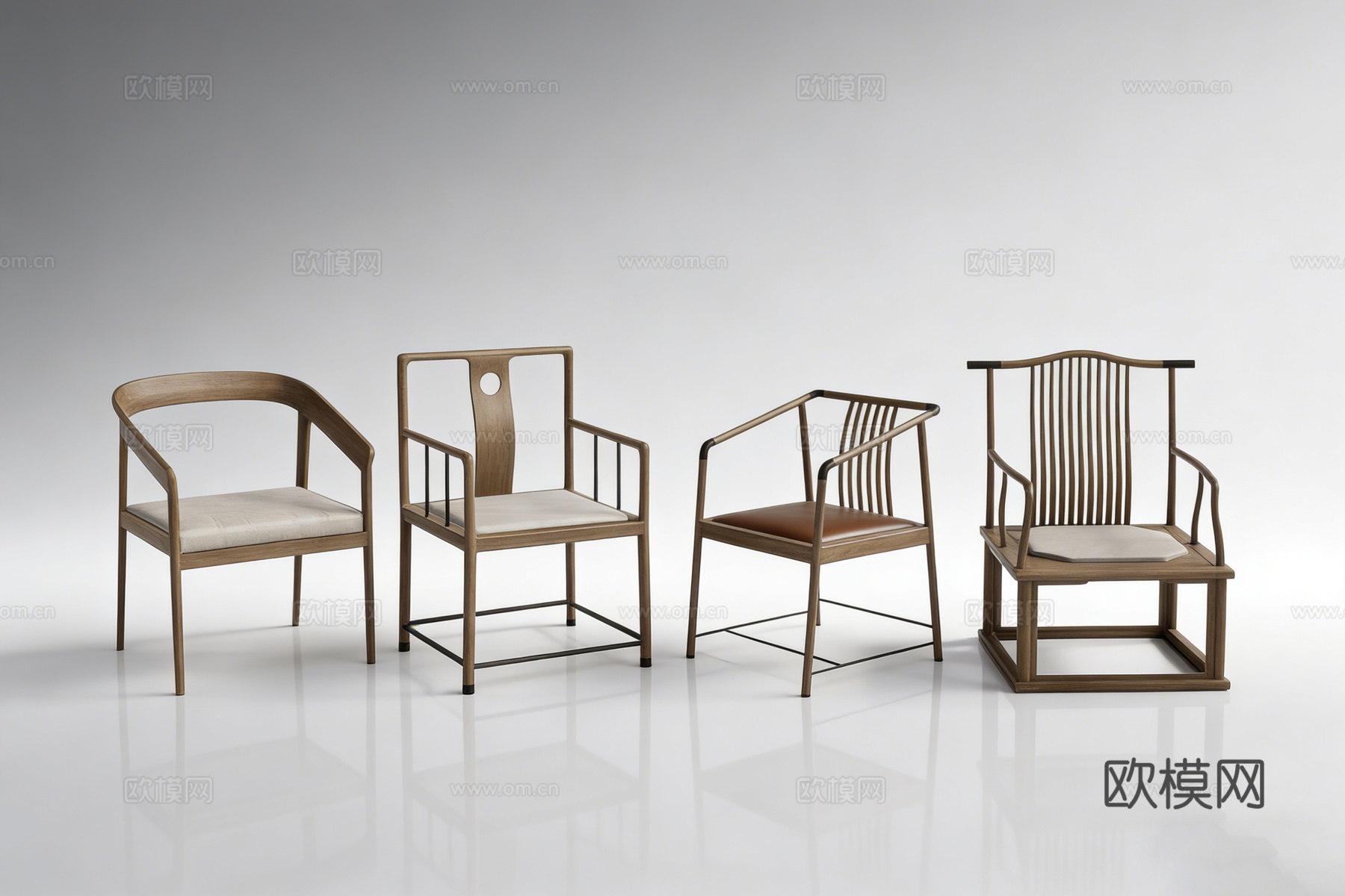 新中式实木餐椅 弧形圆形镂空 弯曲木条  太师单椅su模型