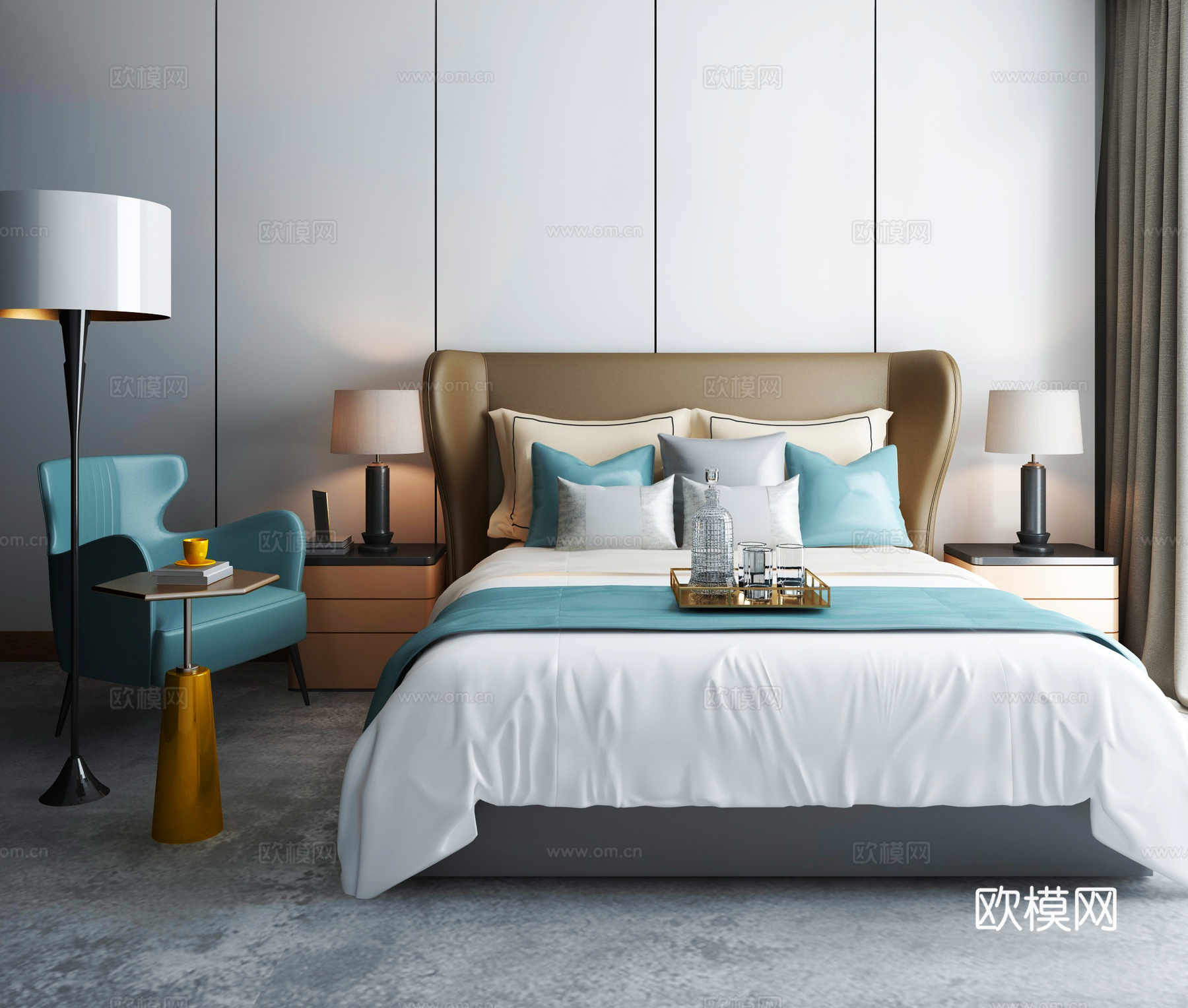 现代北欧卧室 双人床3d模型下载（渲染图2）