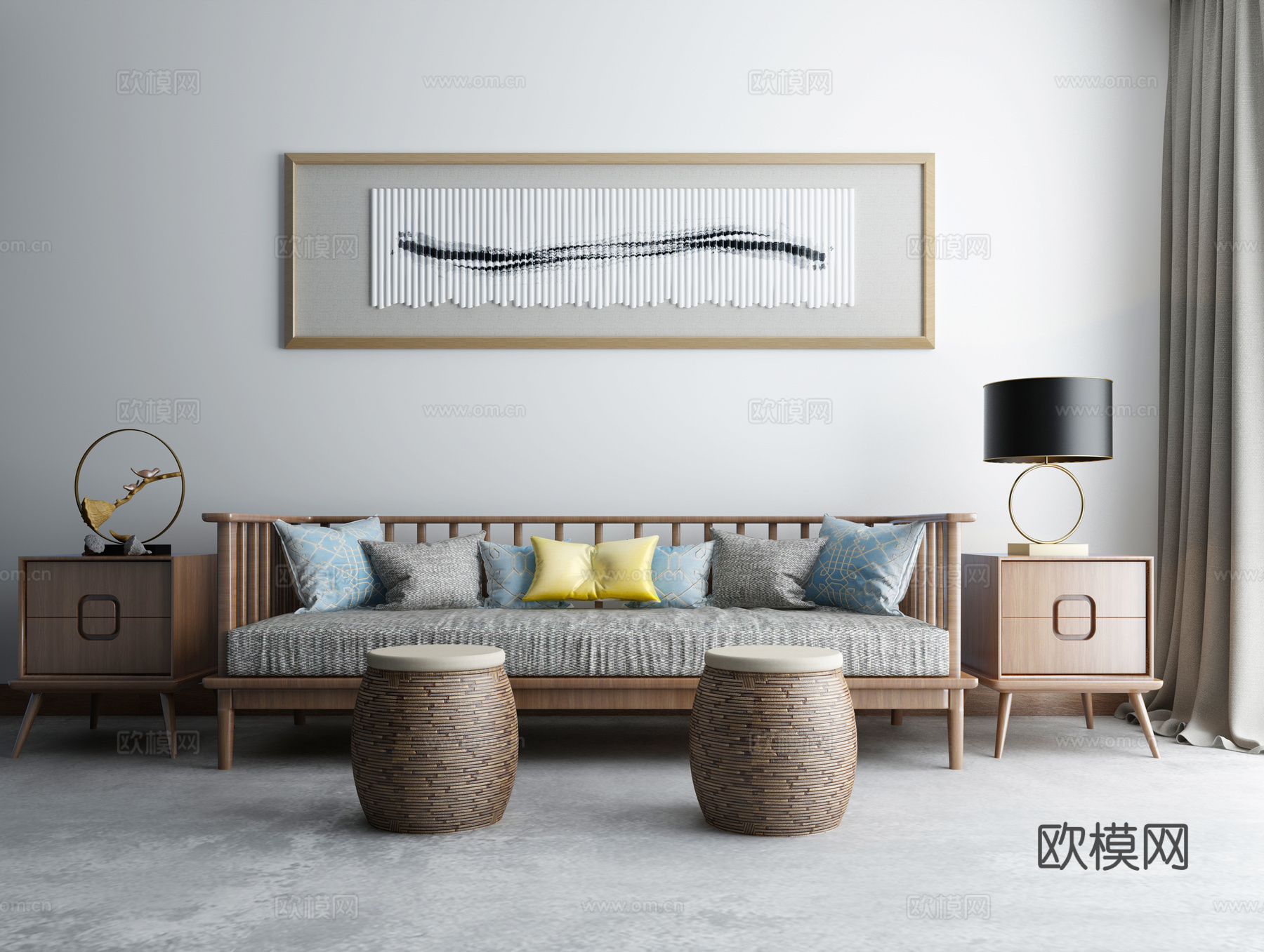 新中式沙发从茶几组合3d模型下载（渲染图2）