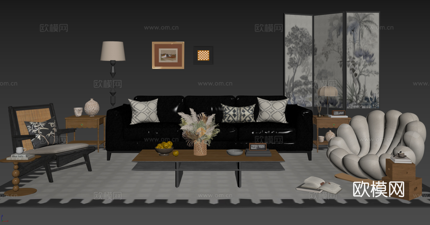 法式复古沙发组合 单人沙发 休闲椅 茶几 落地灯 装饰画su模型