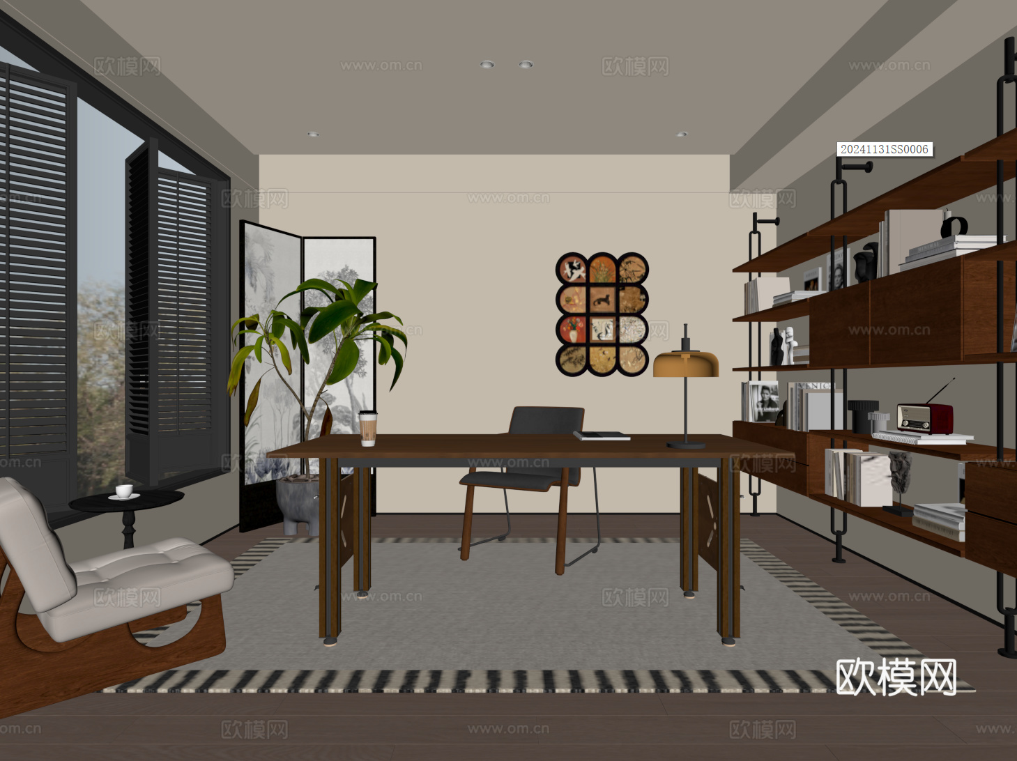 中古现代书房 书柜 装饰置物架 书桌椅 休闲沙发su模型