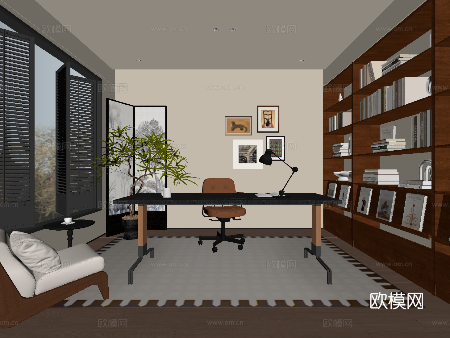 中古现代书房 开放式书柜 书桌椅su模型