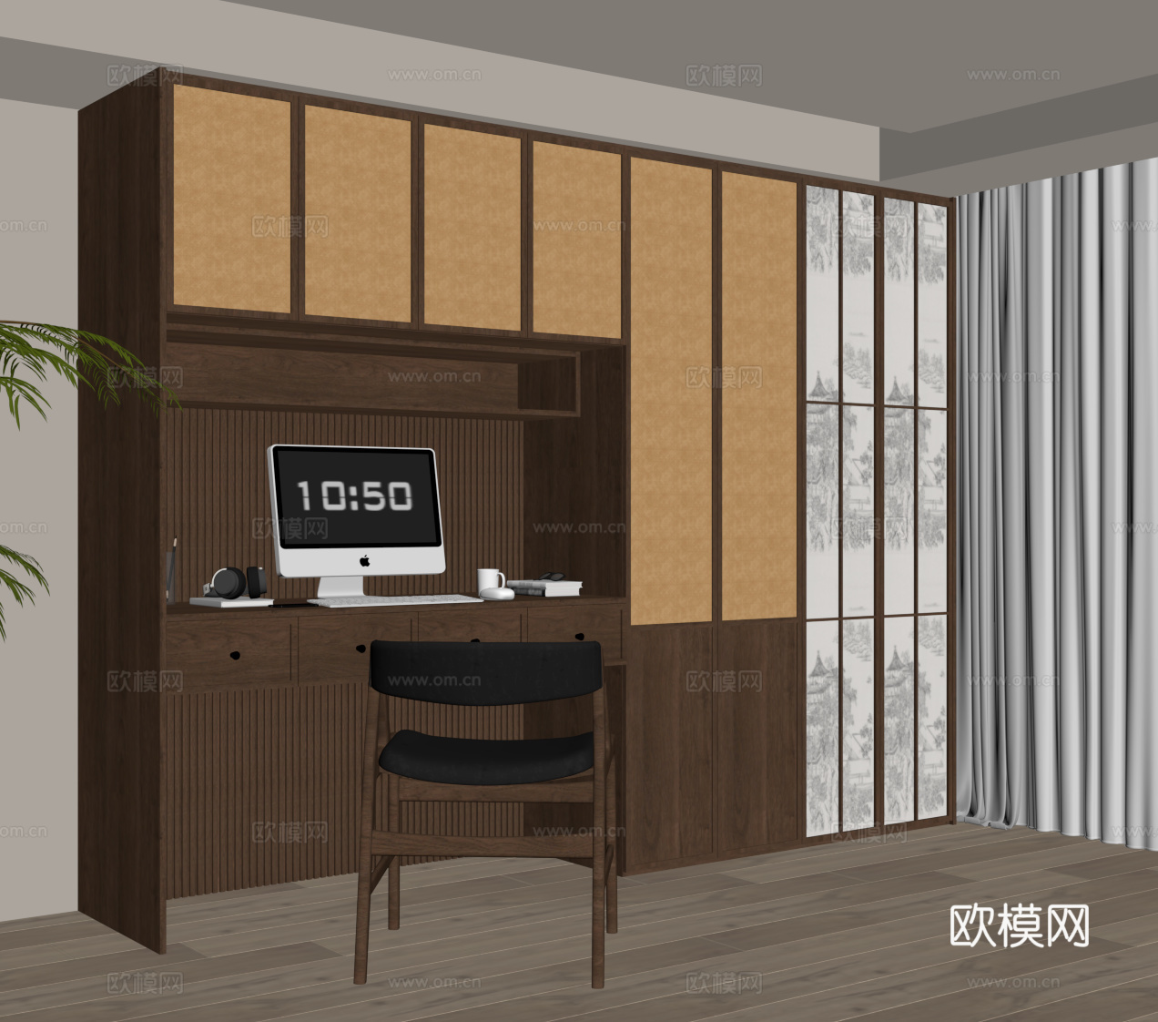 新中式衣柜 宋式风衣柜 书桌一体柜su模型