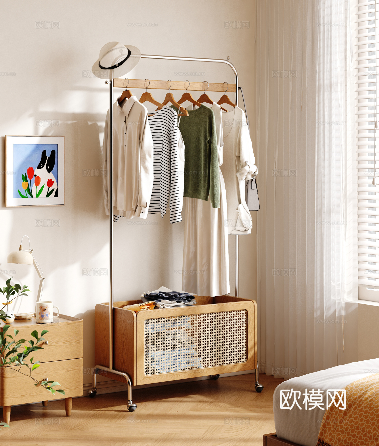 原木风落地衣帽架 实木移动挂衣架3d模型下载