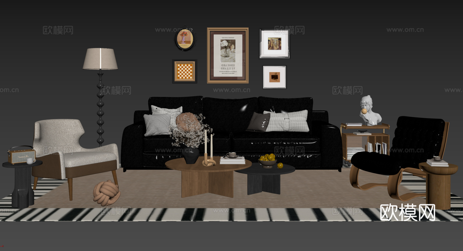 法式复古沙发组合 单人沙发 休闲椅 茶几 落地灯 装饰画su模型