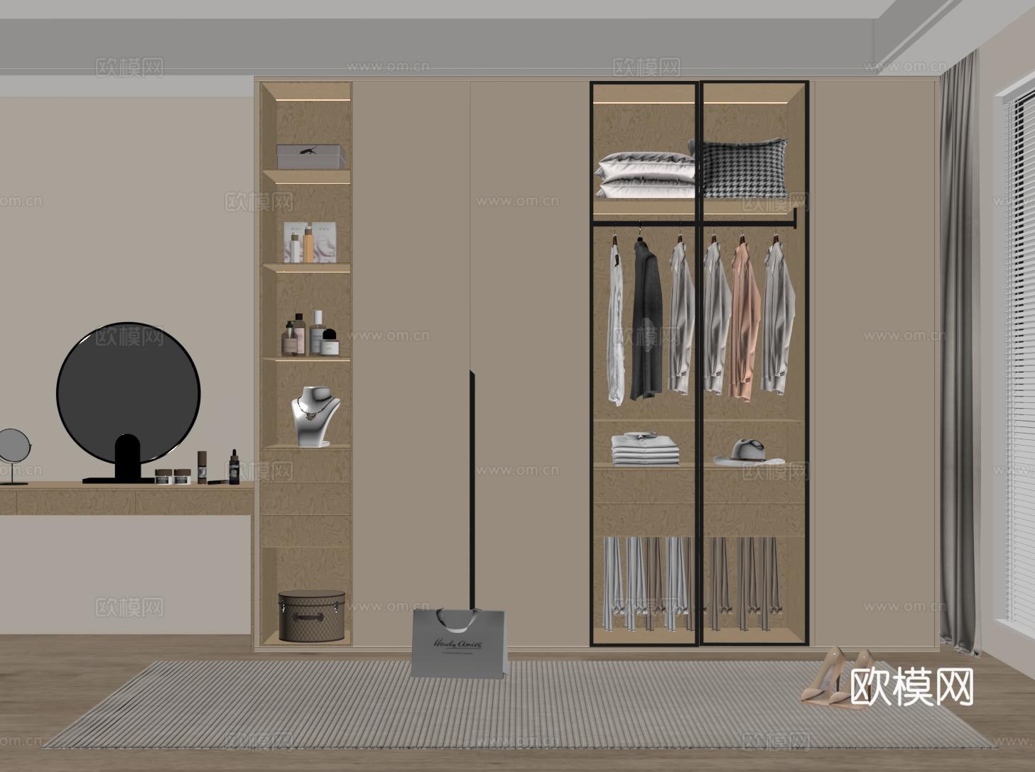 现代定制衣柜 通顶衣柜 开放格 玻璃柜门su模型