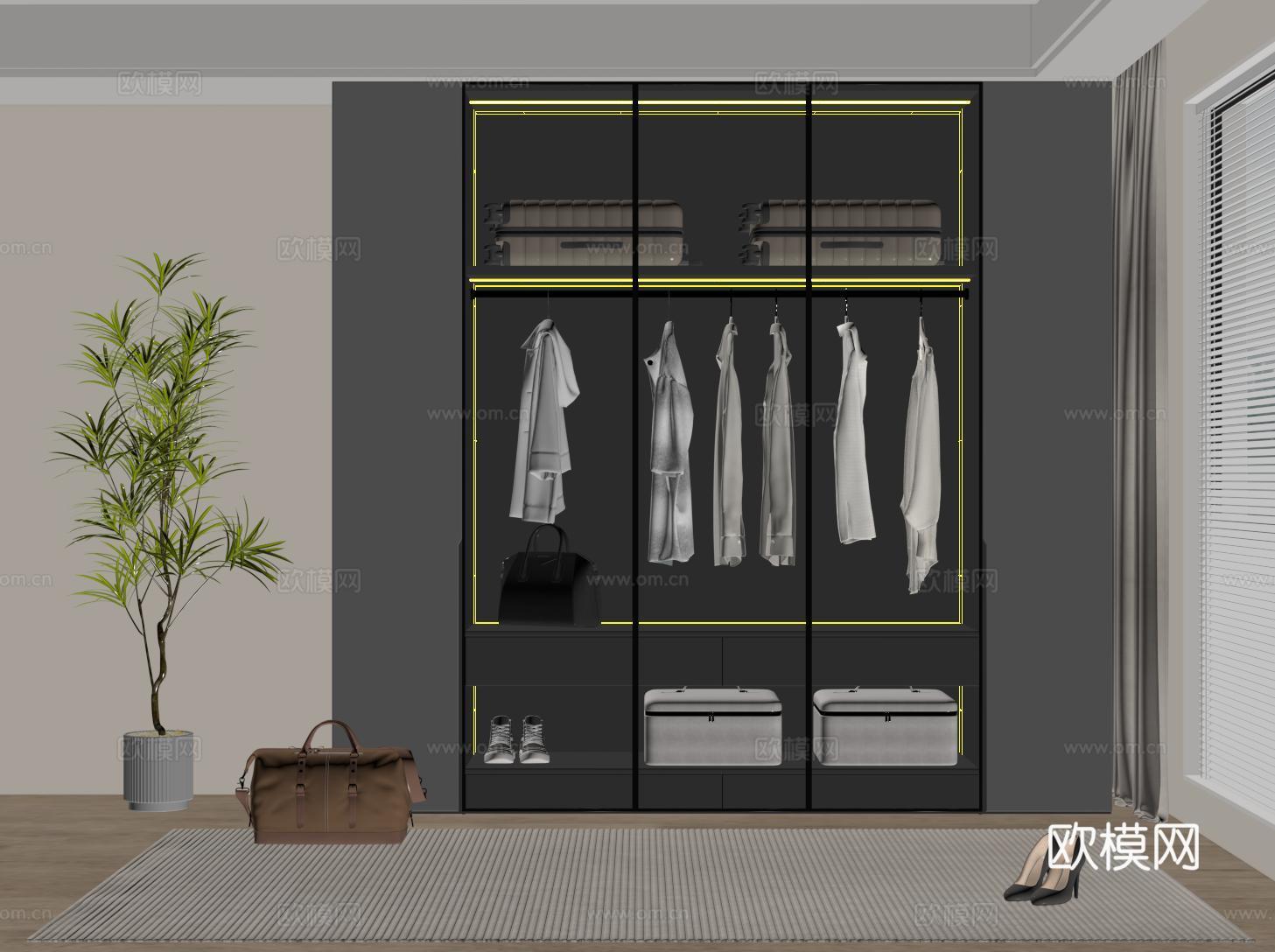 意式衣柜 现代定制衣柜 玻璃衣柜su模型